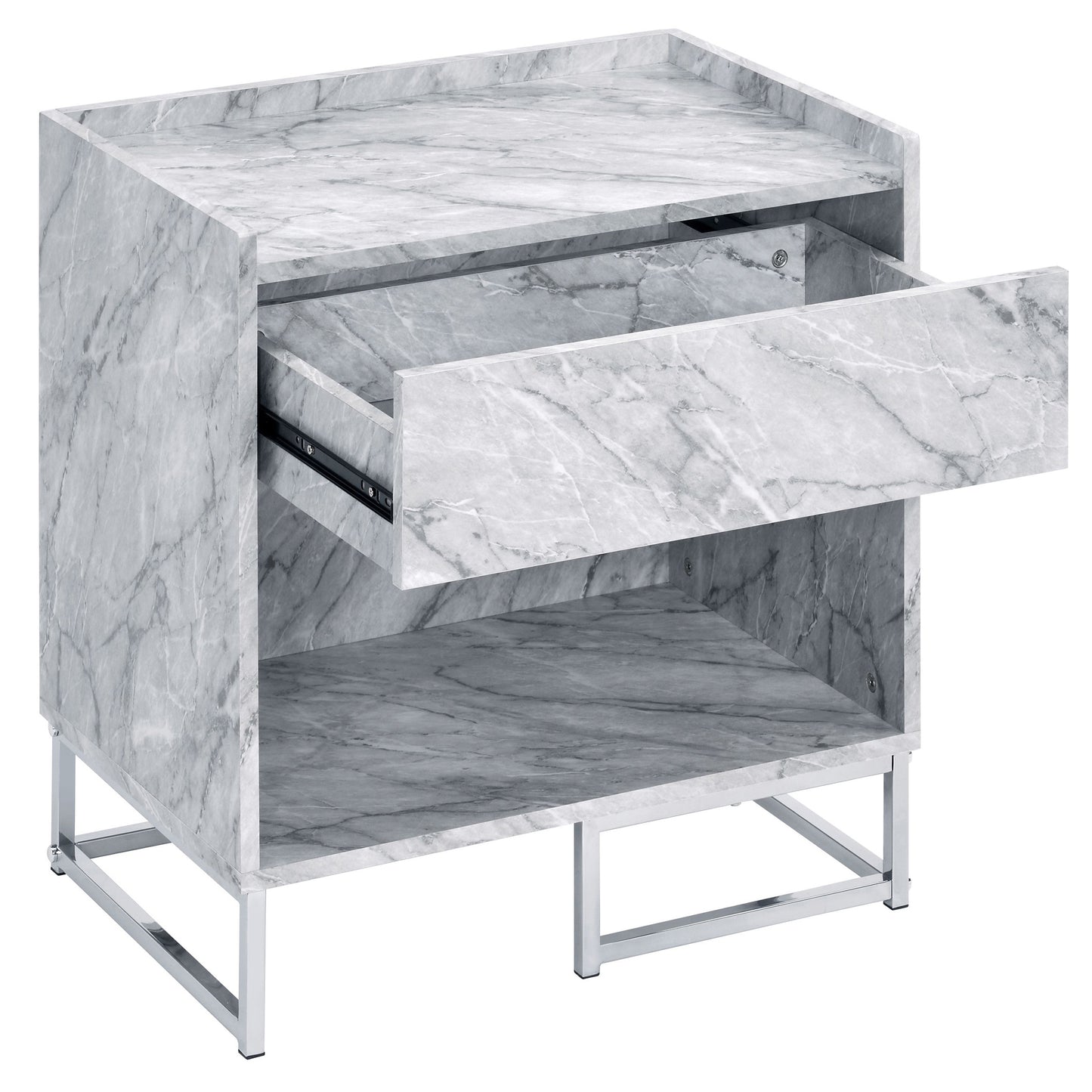 Modern grey marble nightstand with one open drawer and chrome legs
