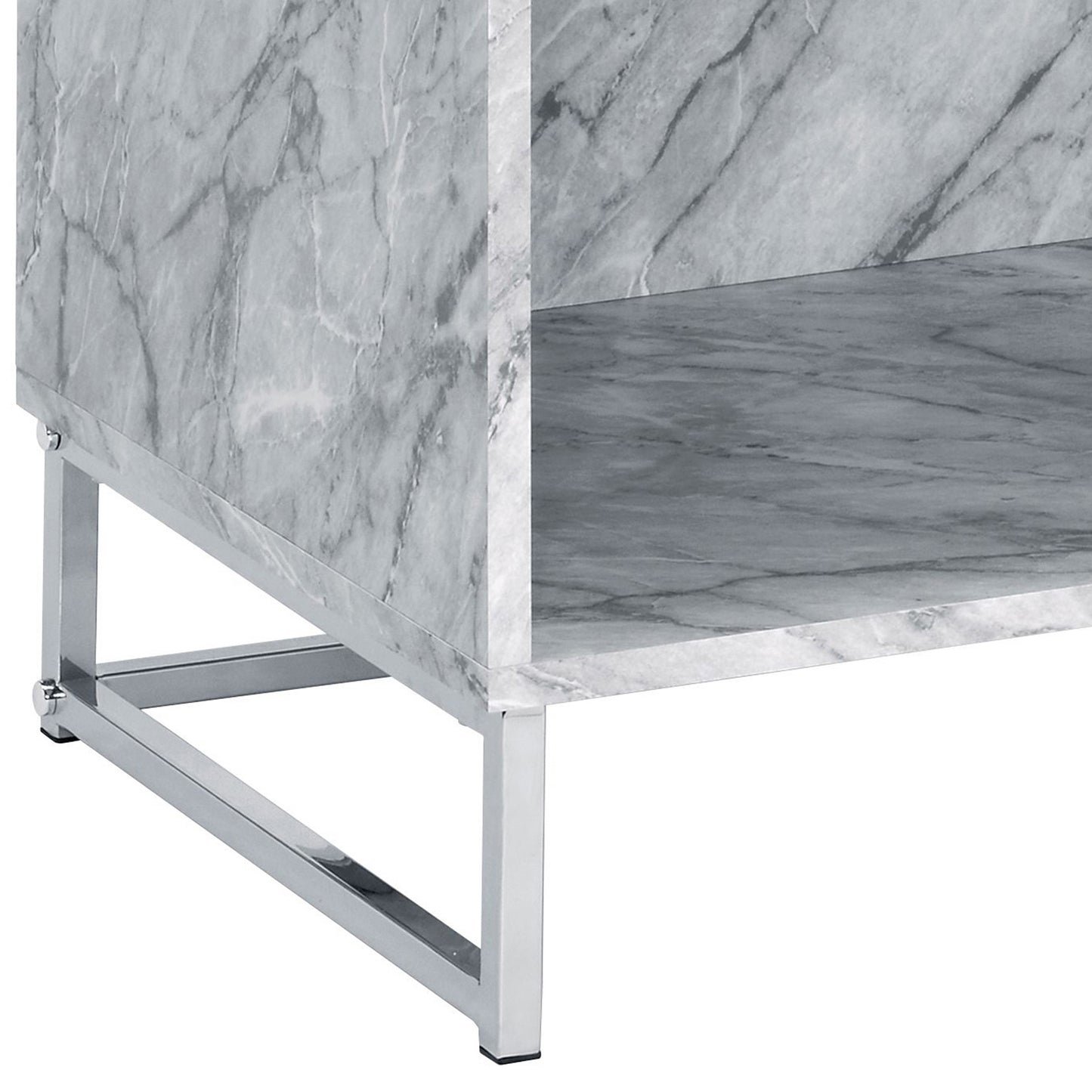 Closeup of a modern faux marble side table with chrome legs showcasing its elegant veining
