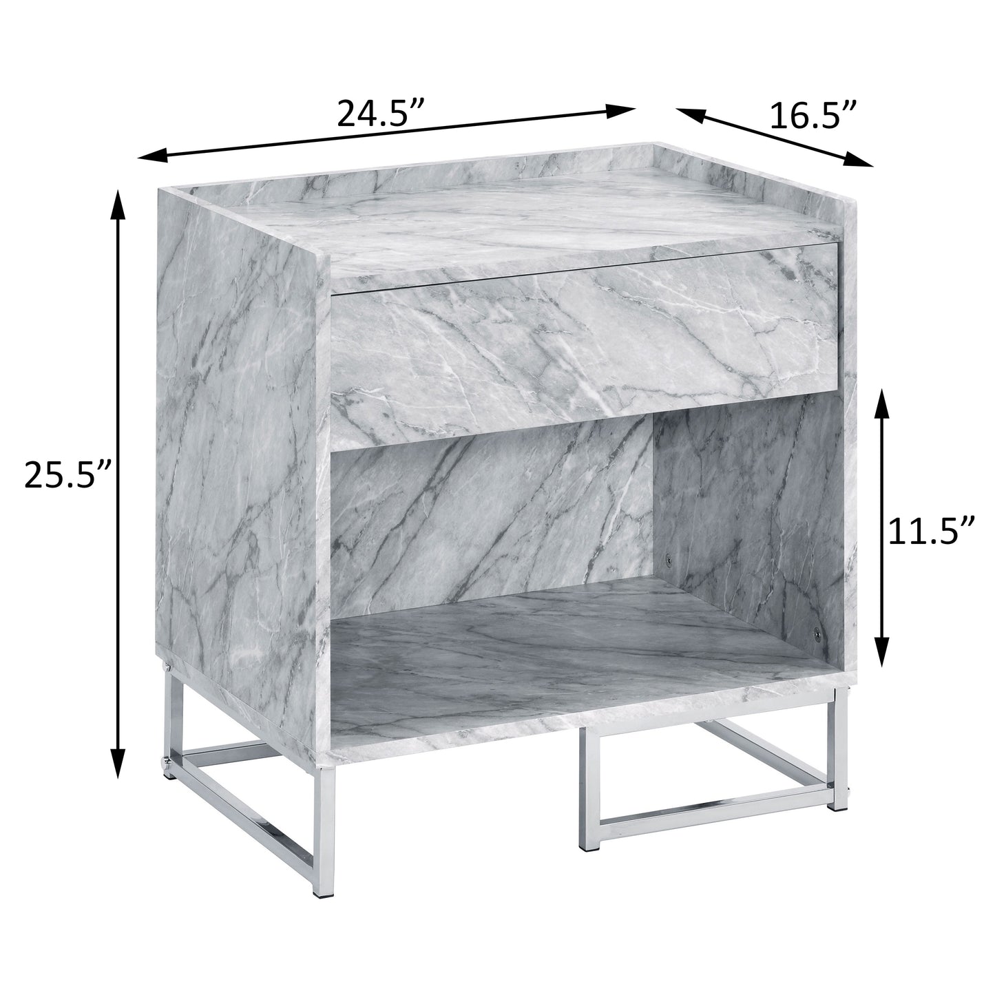 Gray marble nightstand with silver metal frame single drawer and open shelf