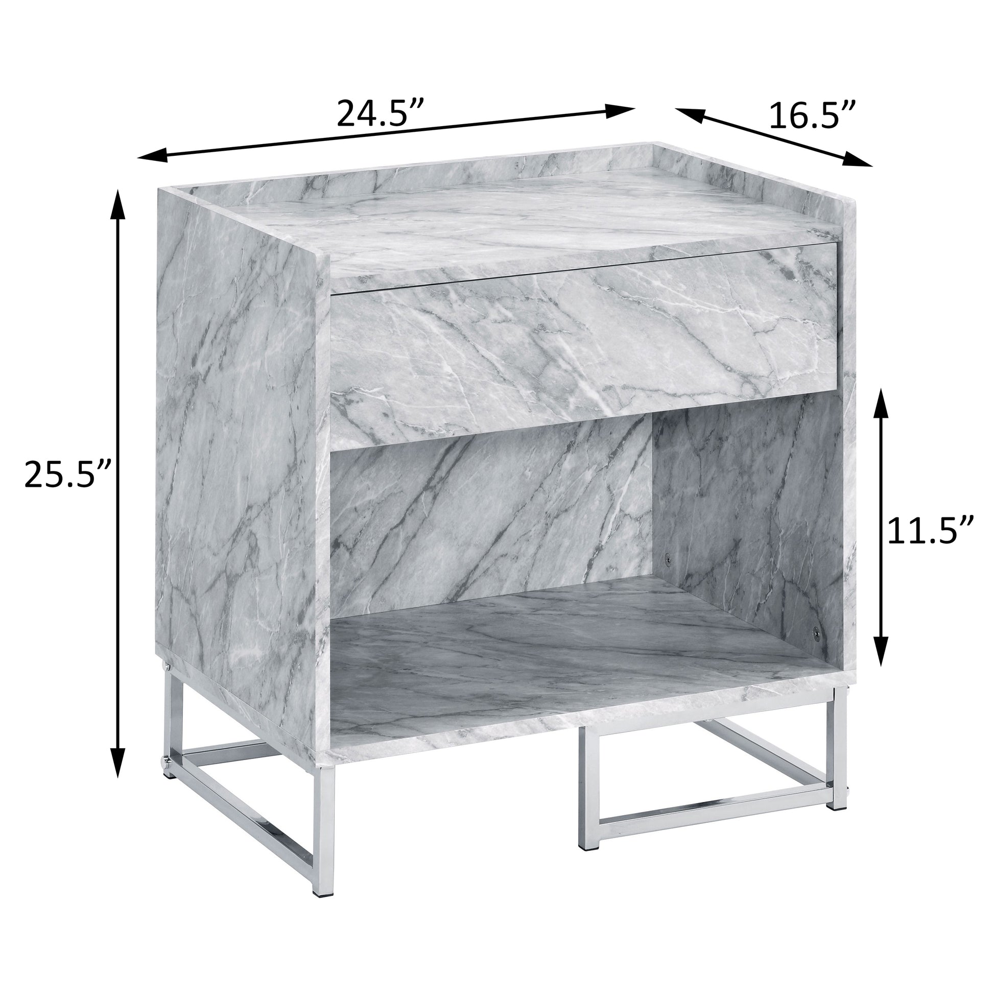 Gray marble nightstand with silver metal frame single drawer and open shelf
