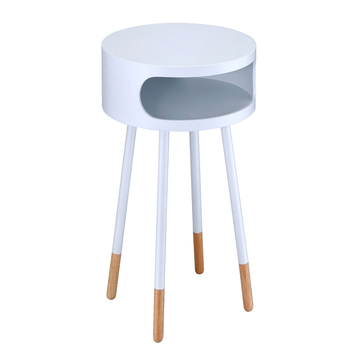 Round white end table with open shelf and wooden tipped legs