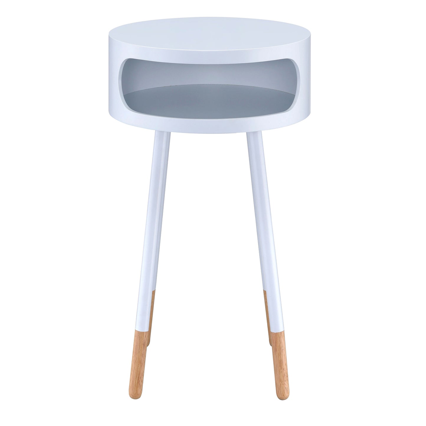 White round bedside table with open shelf and tapered wooden legs