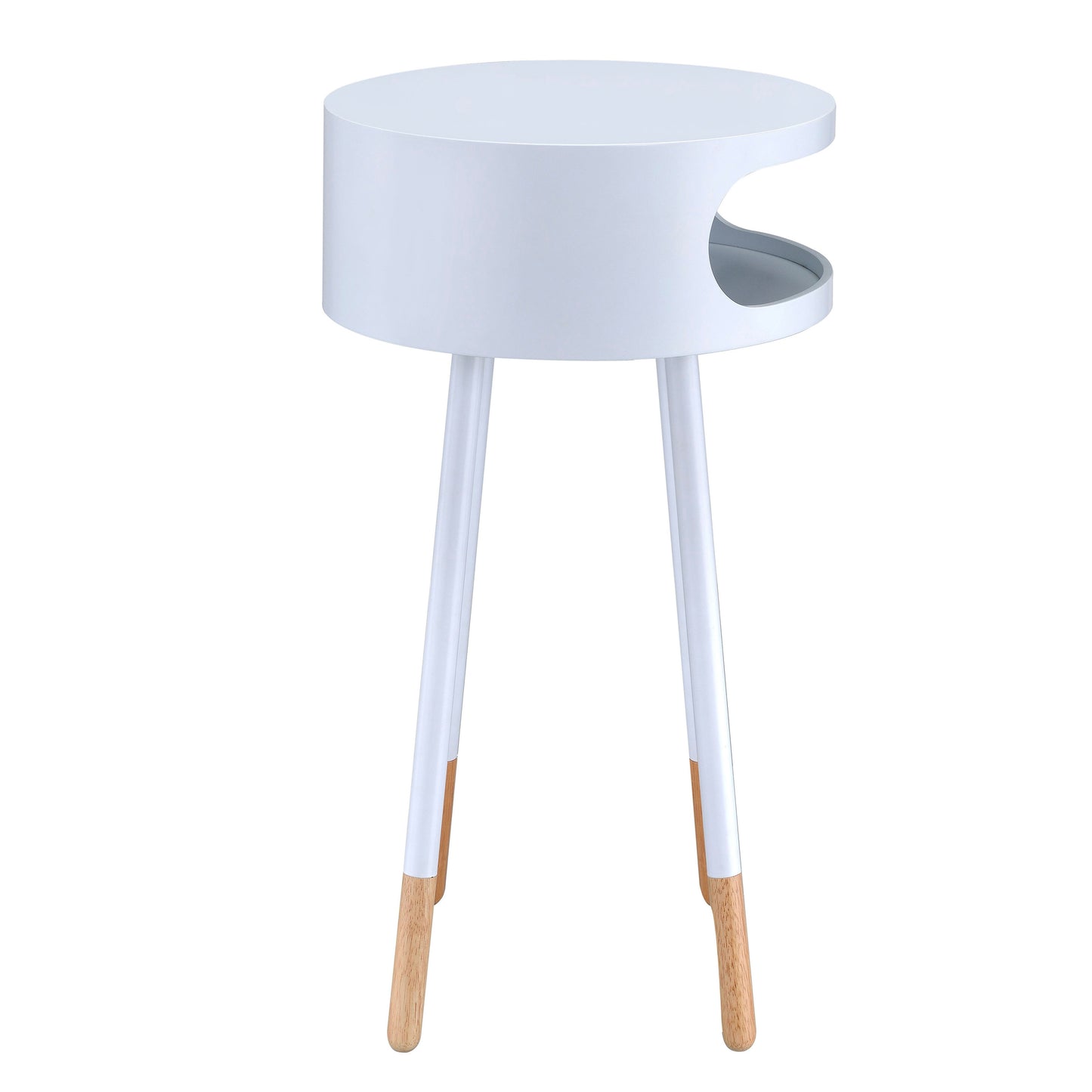 White round side table with midcentury modern wooden legs