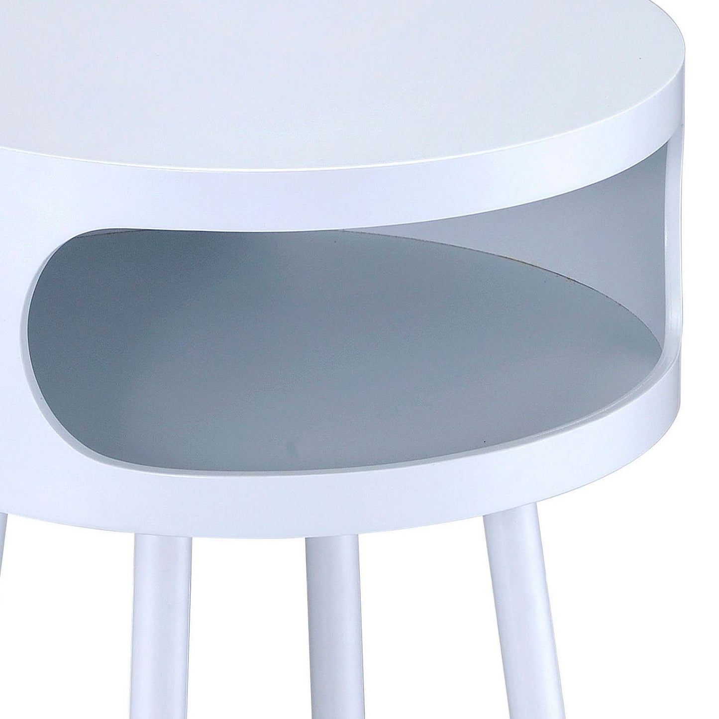 White round bedside table with a minimalist open shelf perfect for modern bedrooms
