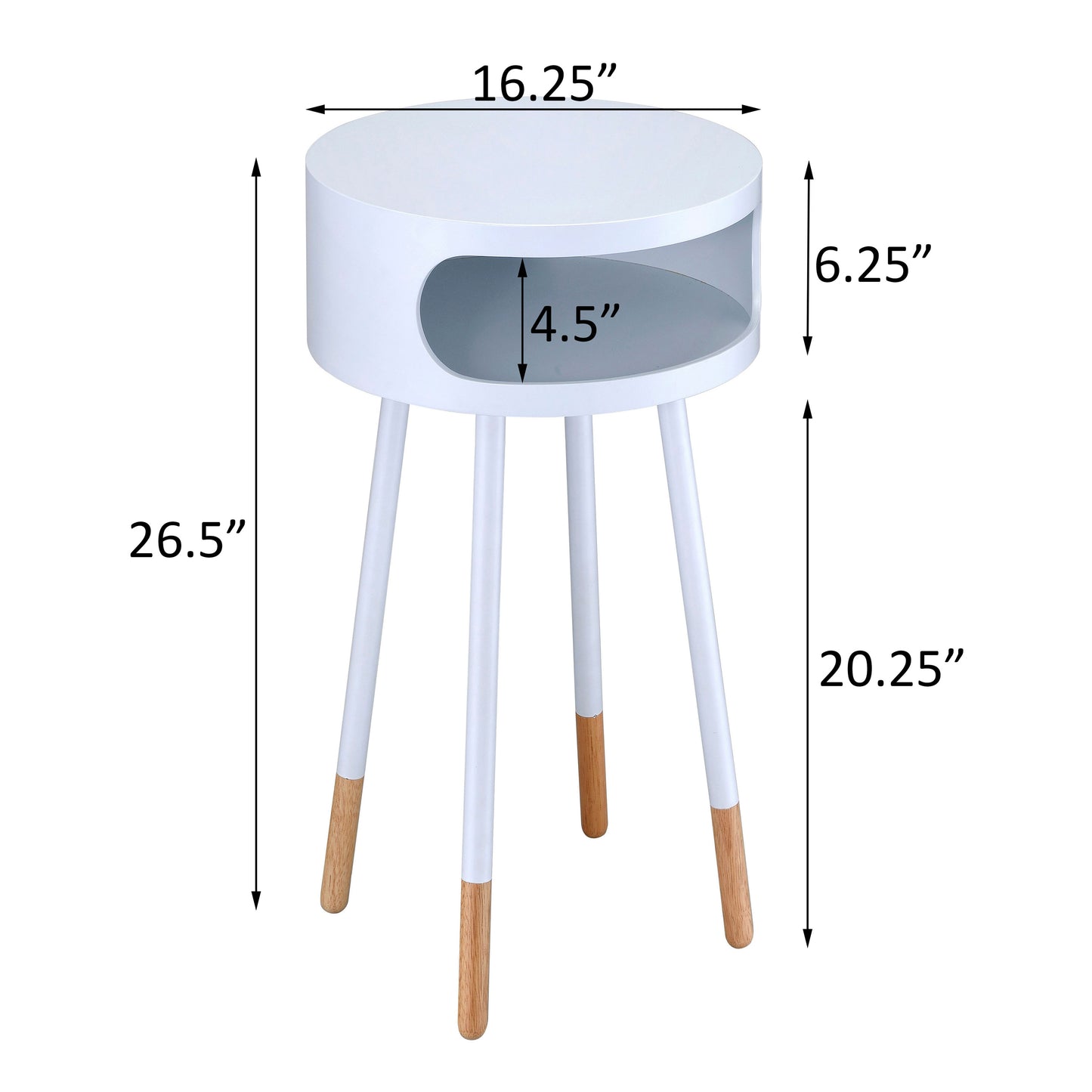 Modern white side table with a round top and open storage compartment featuring natural wood accents on its tapered legs