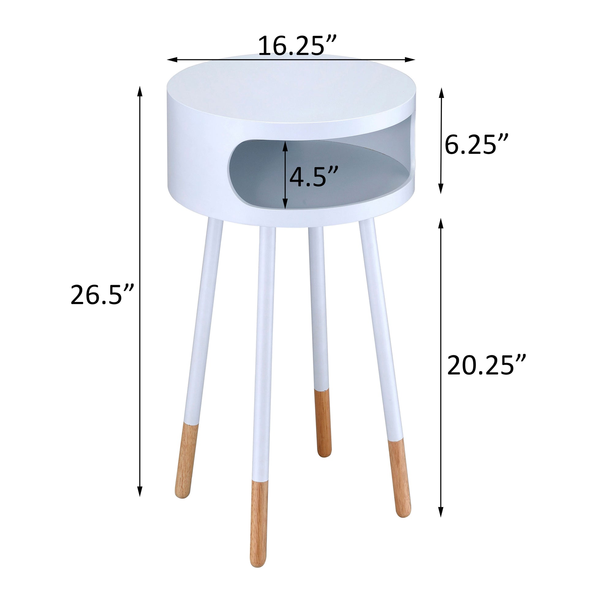 Modern white side table with a round top and open storage compartment featuring natural wood accents on its tapered legs