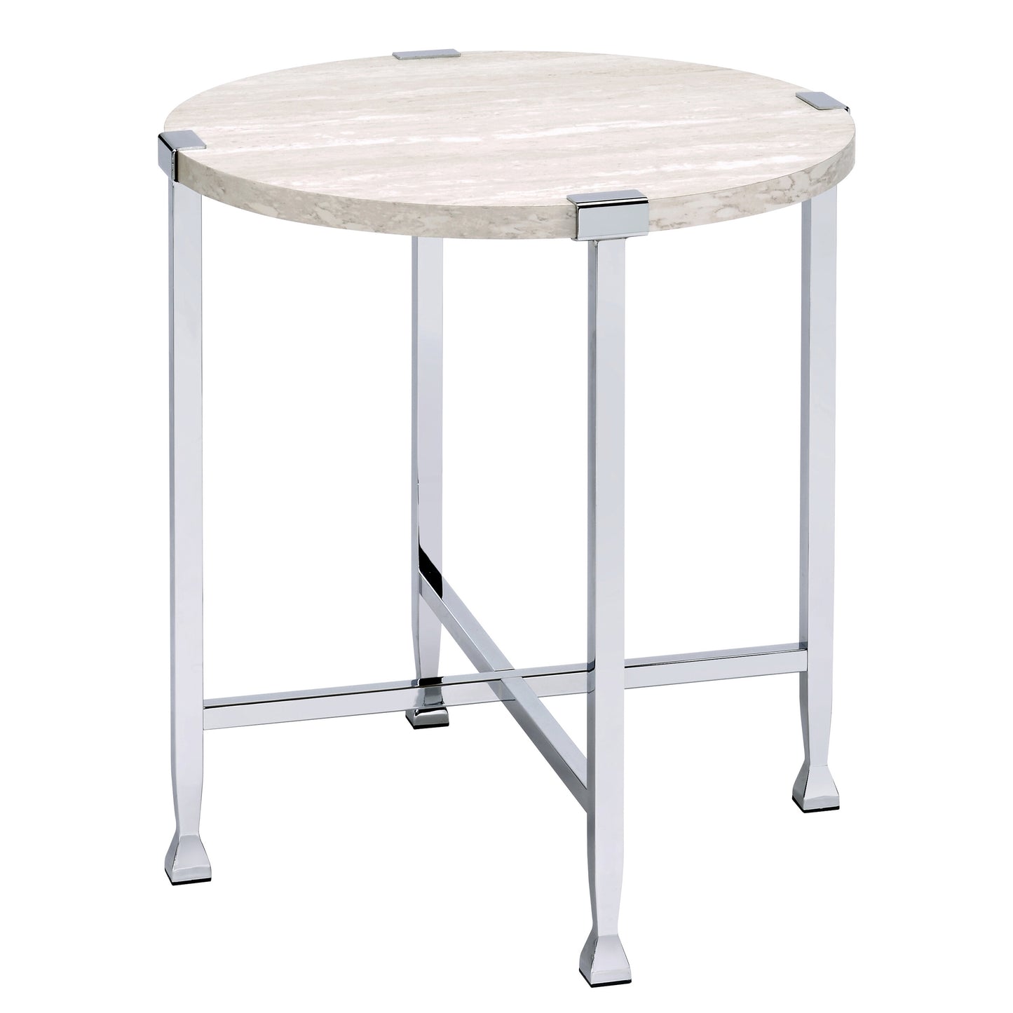 Round marble top accent table with polished chrome legs and crossbar support