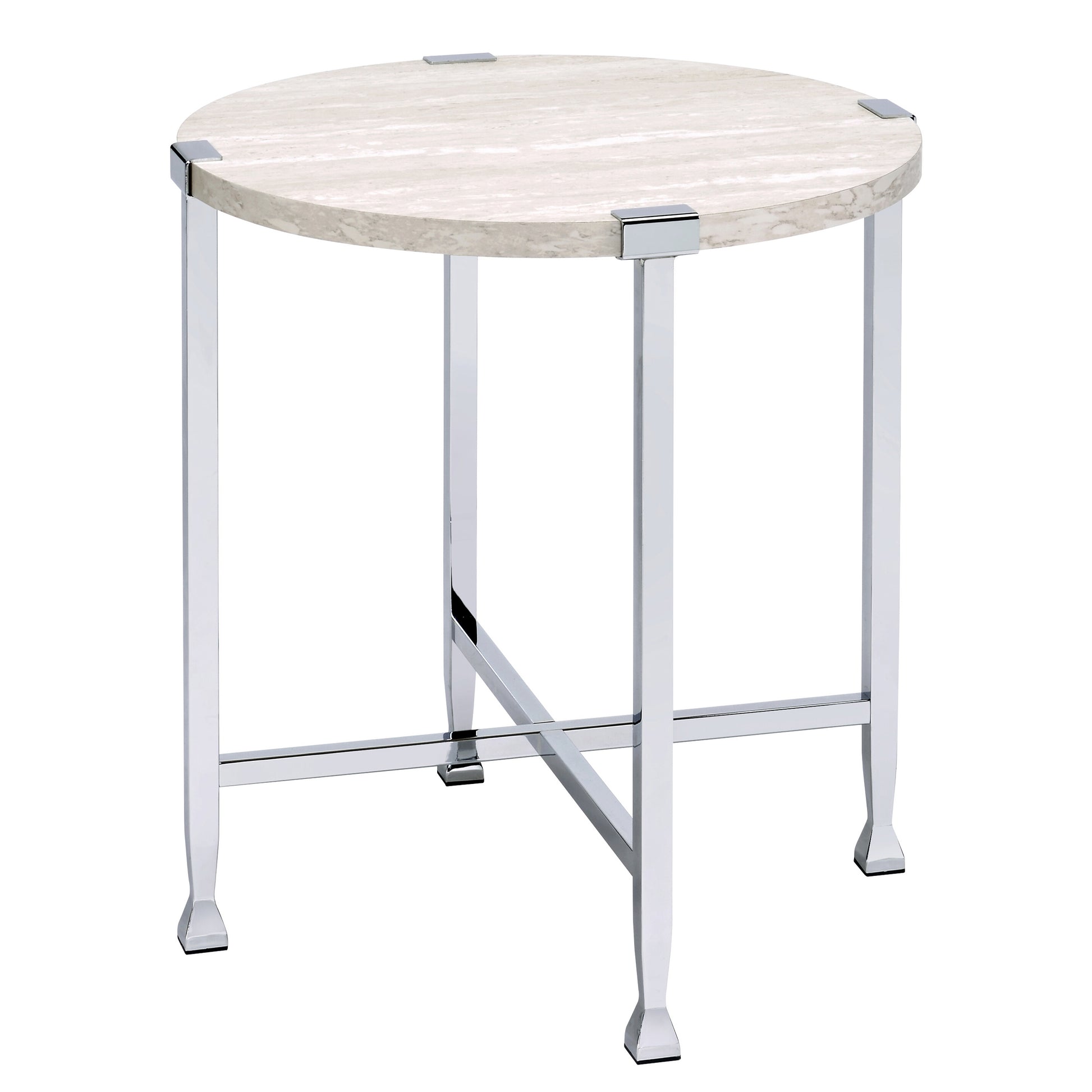 Round marble top accent table with polished chrome legs and crossbar support