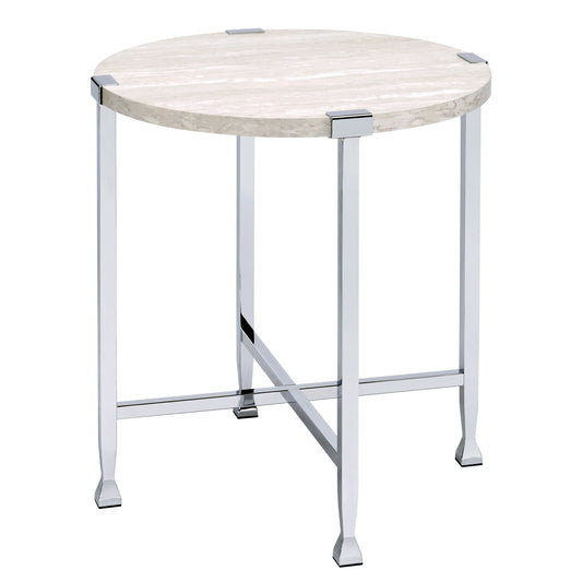 Round marble top accent table with polished chrome legs and crossbar support