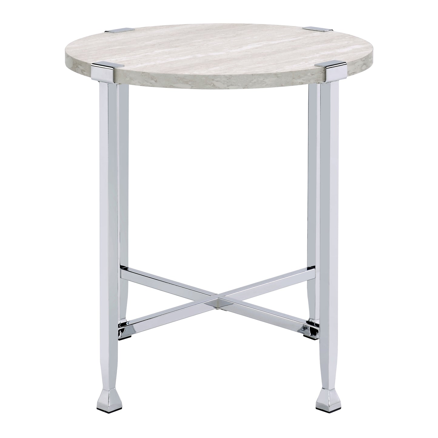 Round travertine side table with polished chrome legs and cross brace