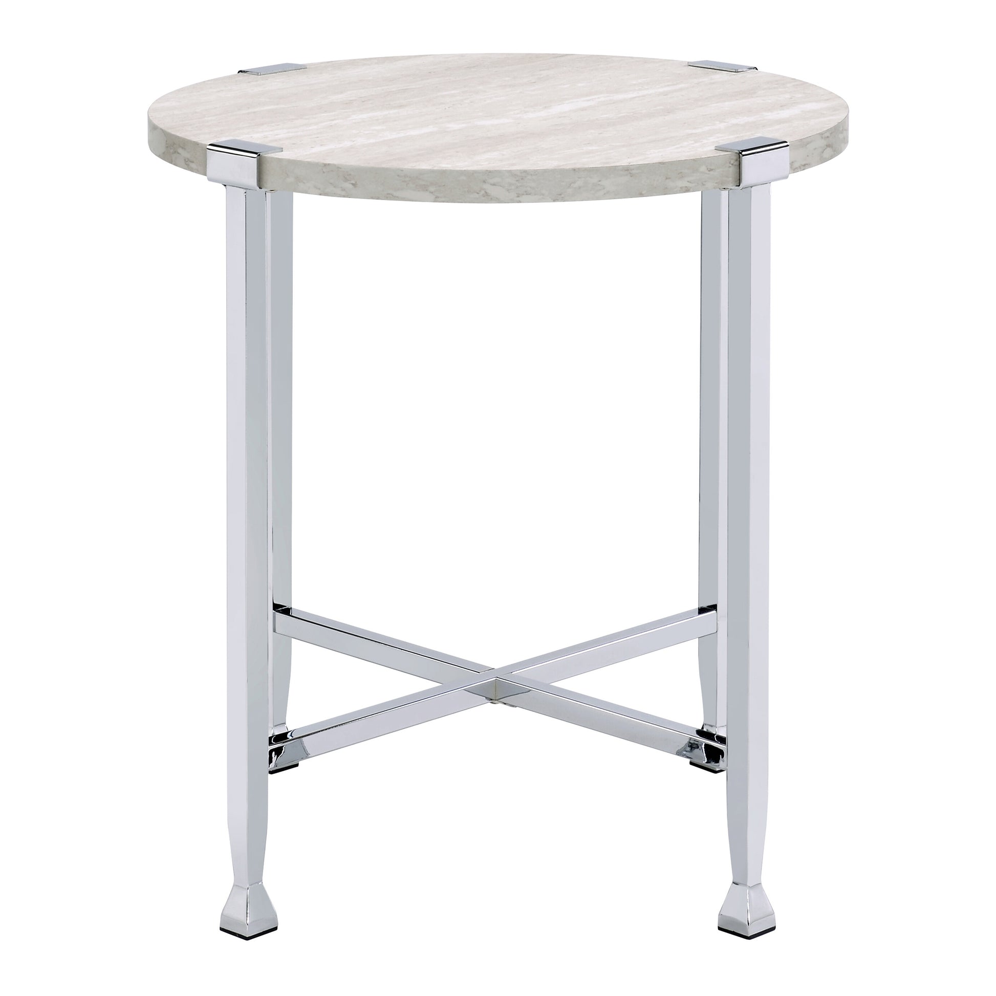 Round travertine side table with polished chrome legs and cross brace