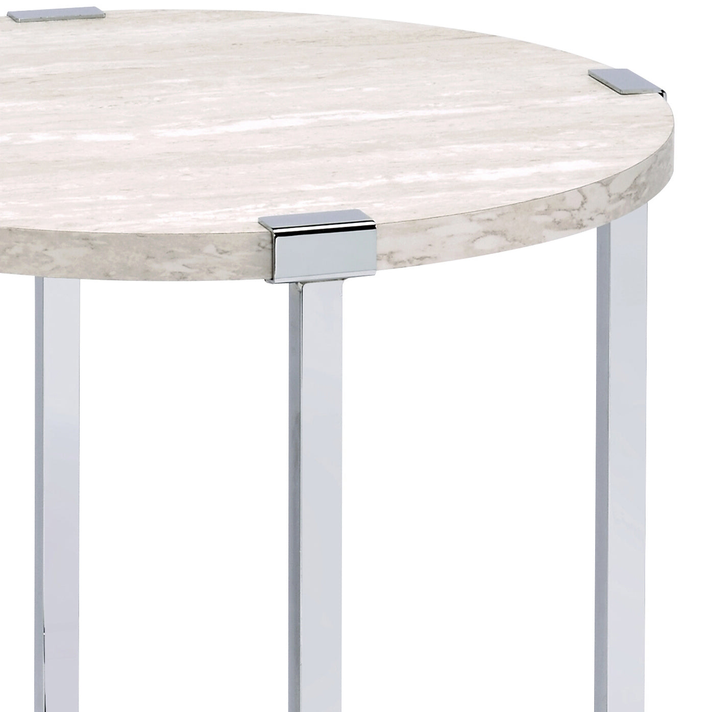 Round marble top side table with polished chrome legs and accents
