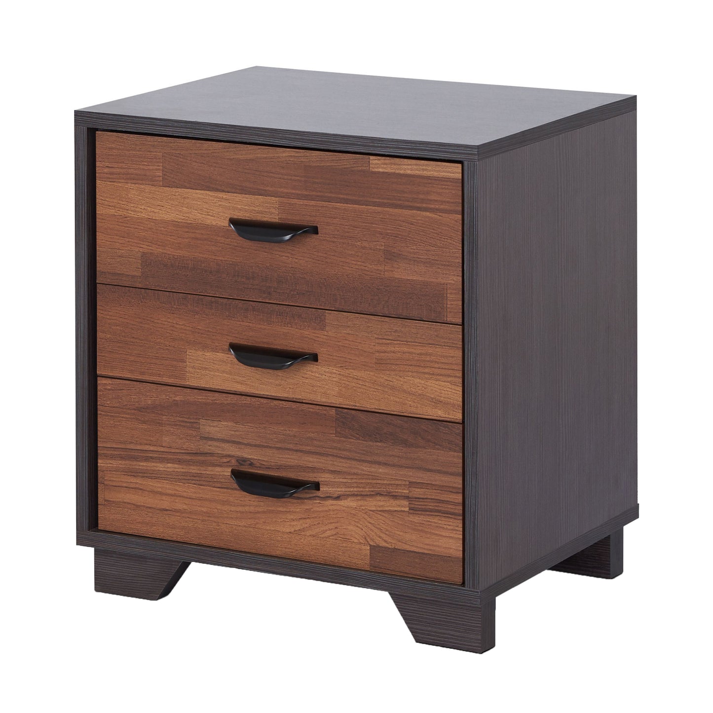 Modern dark wood bedside table with three drawers featuring a distinctive wood grain pattern and black pulls