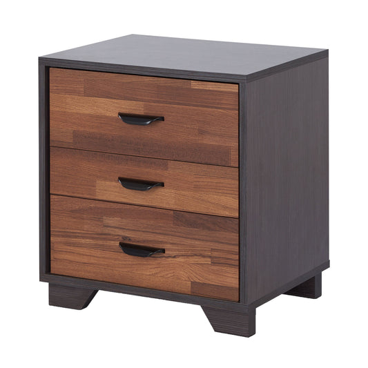 Modern dark wood bedside table with three drawers featuring a distinctive wood grain pattern and black pulls