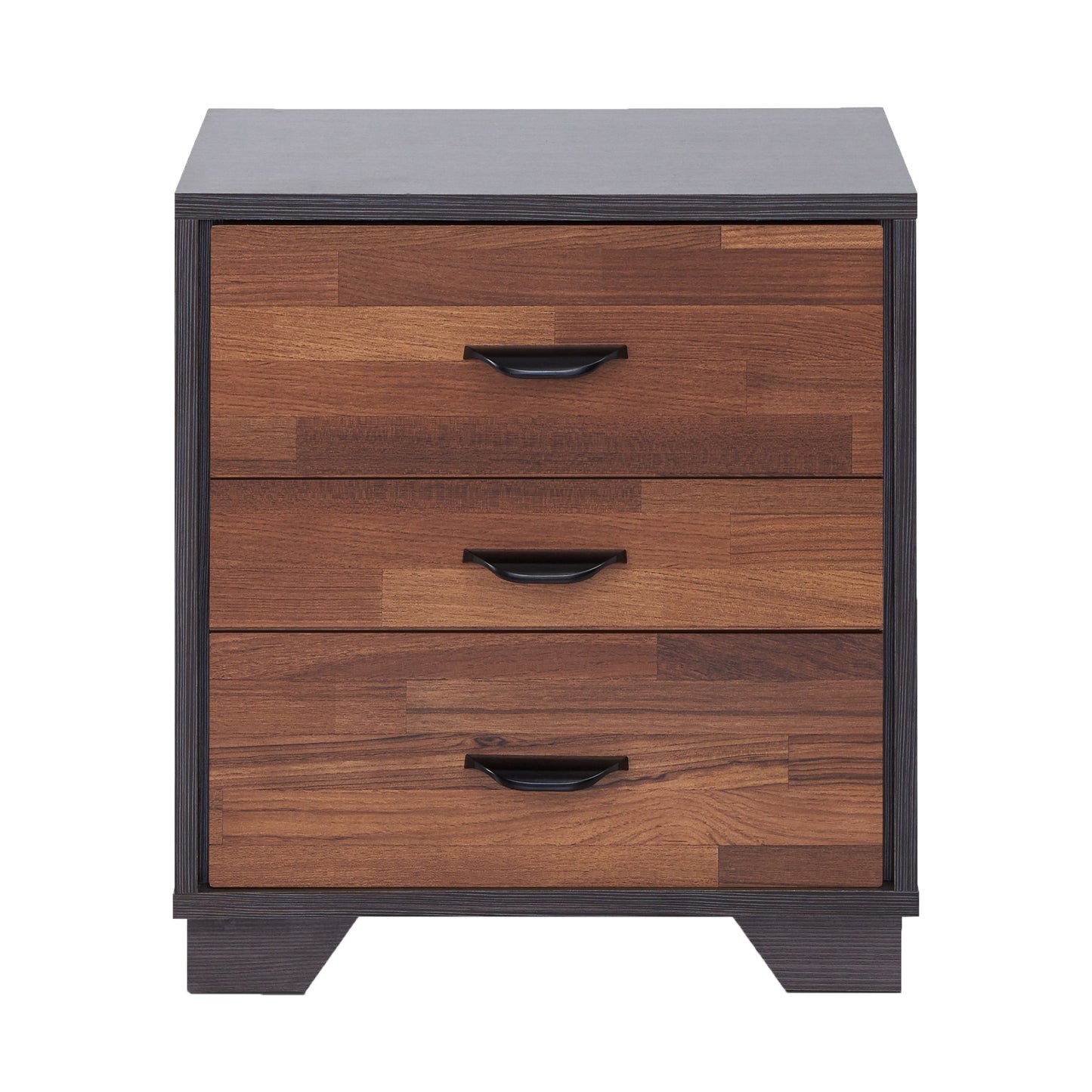 Dark wood veneer drawer nightstand with black cup pulls