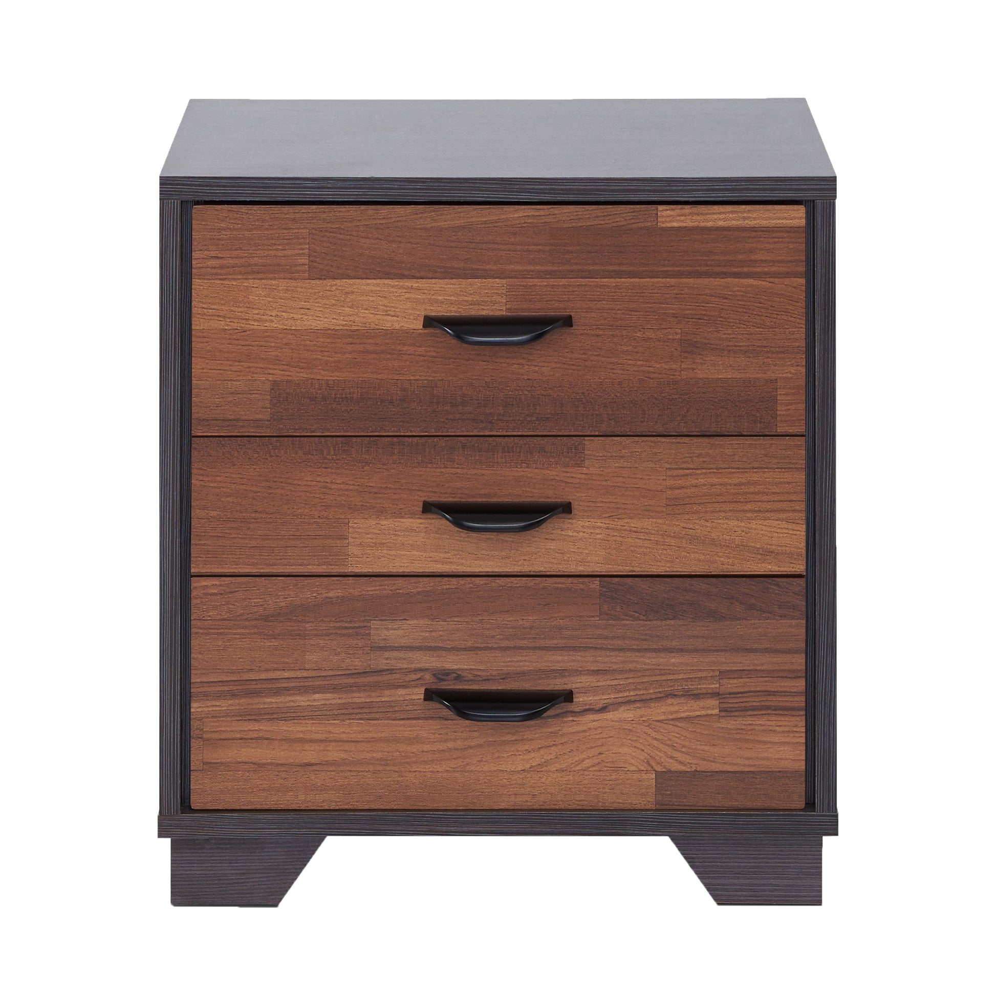 Dark wood veneer drawer nightstand with black cup pulls