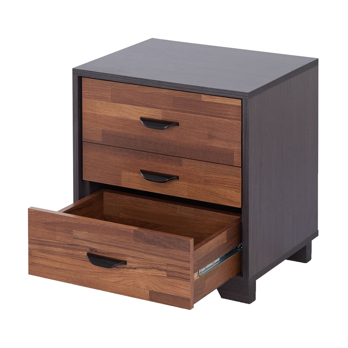 Brown wood grain nightstand with three drawers and black pull handles