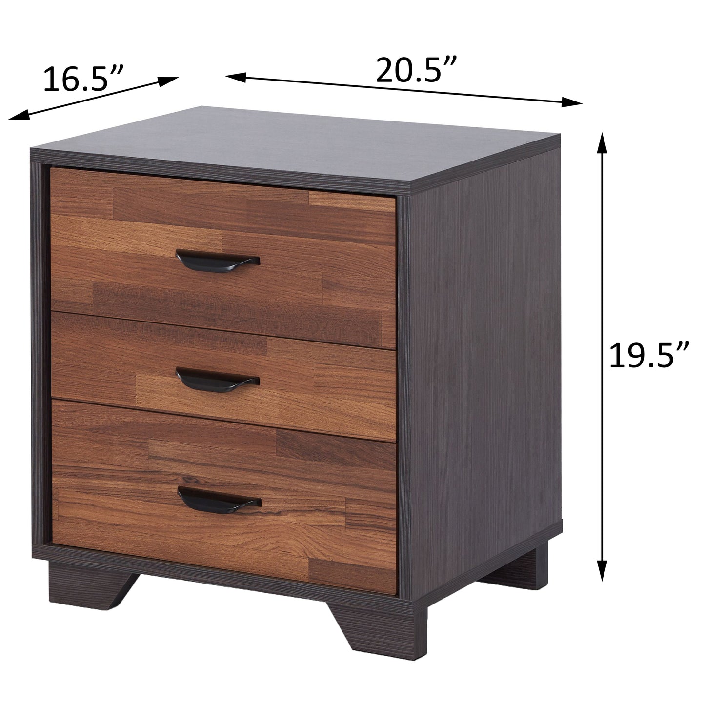 Modern bedside table with three woodgrain drawers and dark grey casing