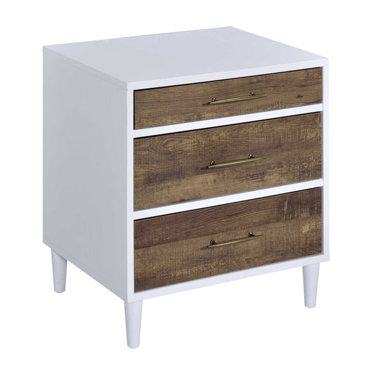 White bedside table with three rustic wood grain drawers and brass handles