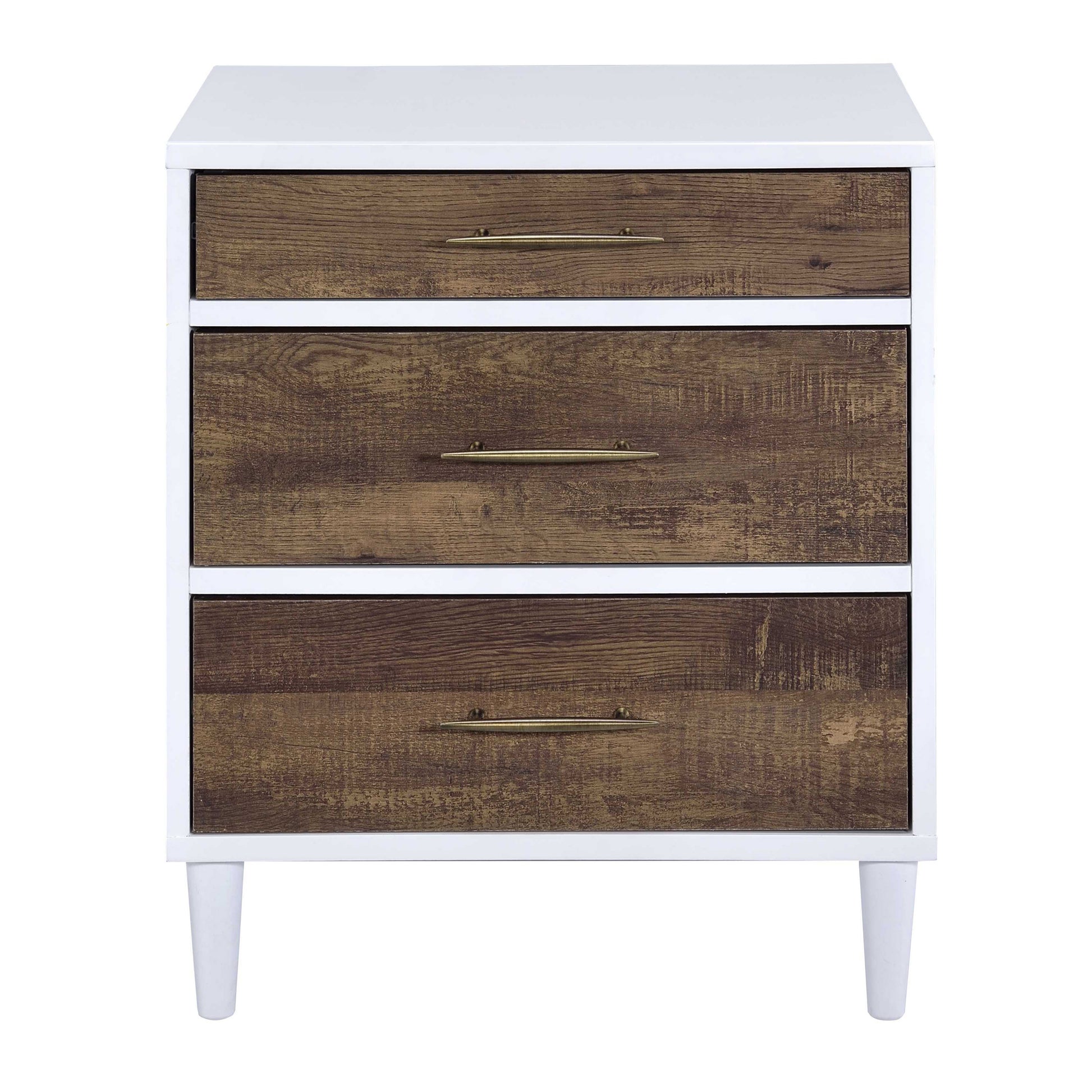 White and wood grain threedrawer nightstand with brass handles