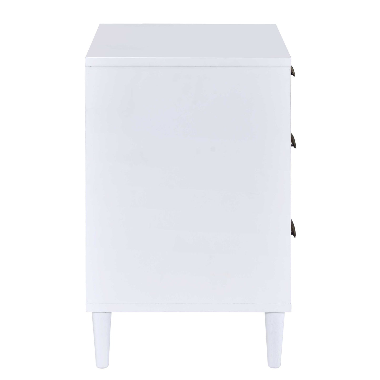 White threedrawer dresser with tapered legs and dark metal handles