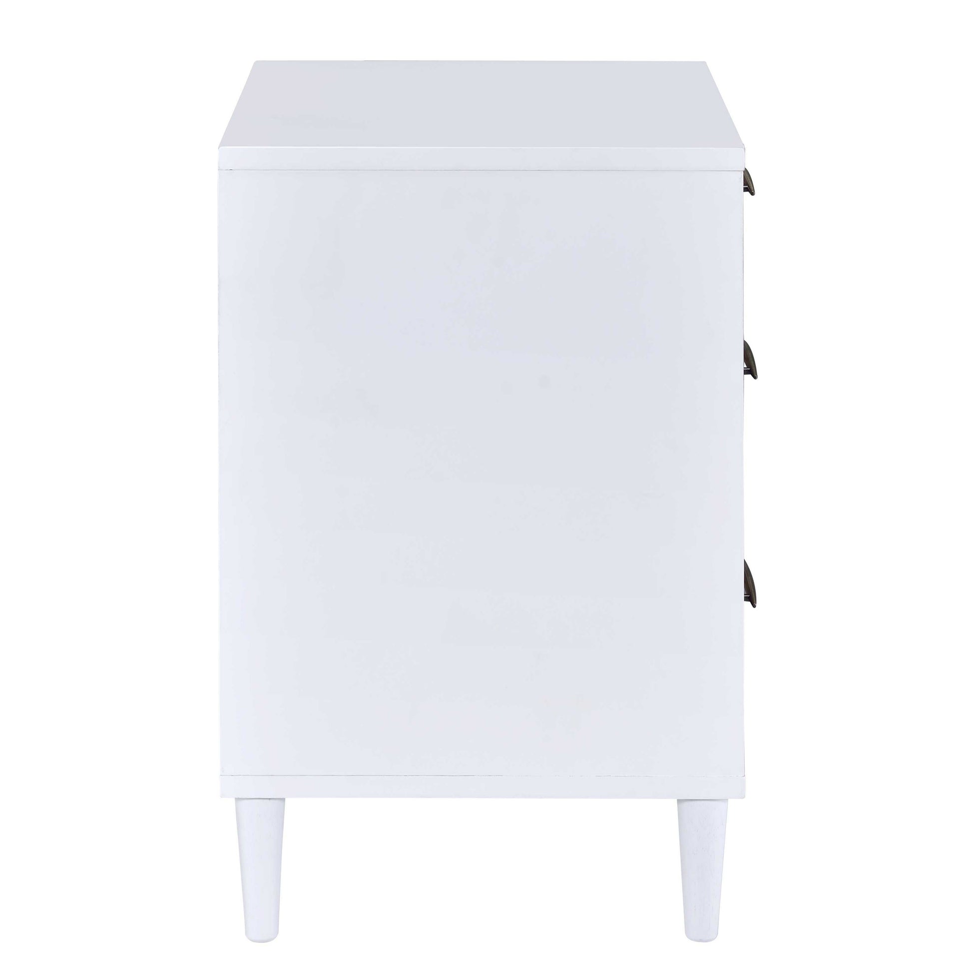 White threedrawer dresser with tapered legs and dark metal handles