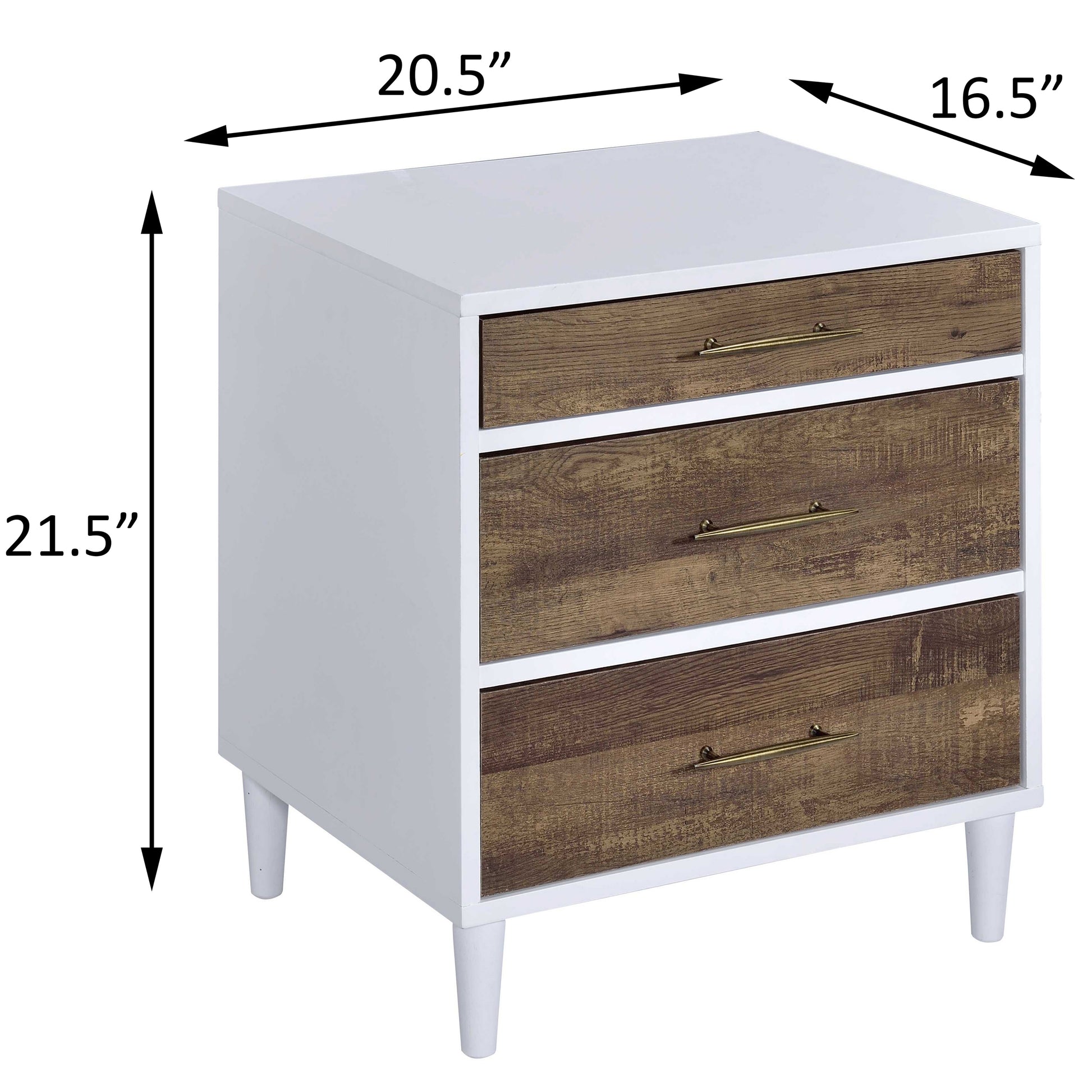 White bedside table with three distressed wood drawers and brass handles