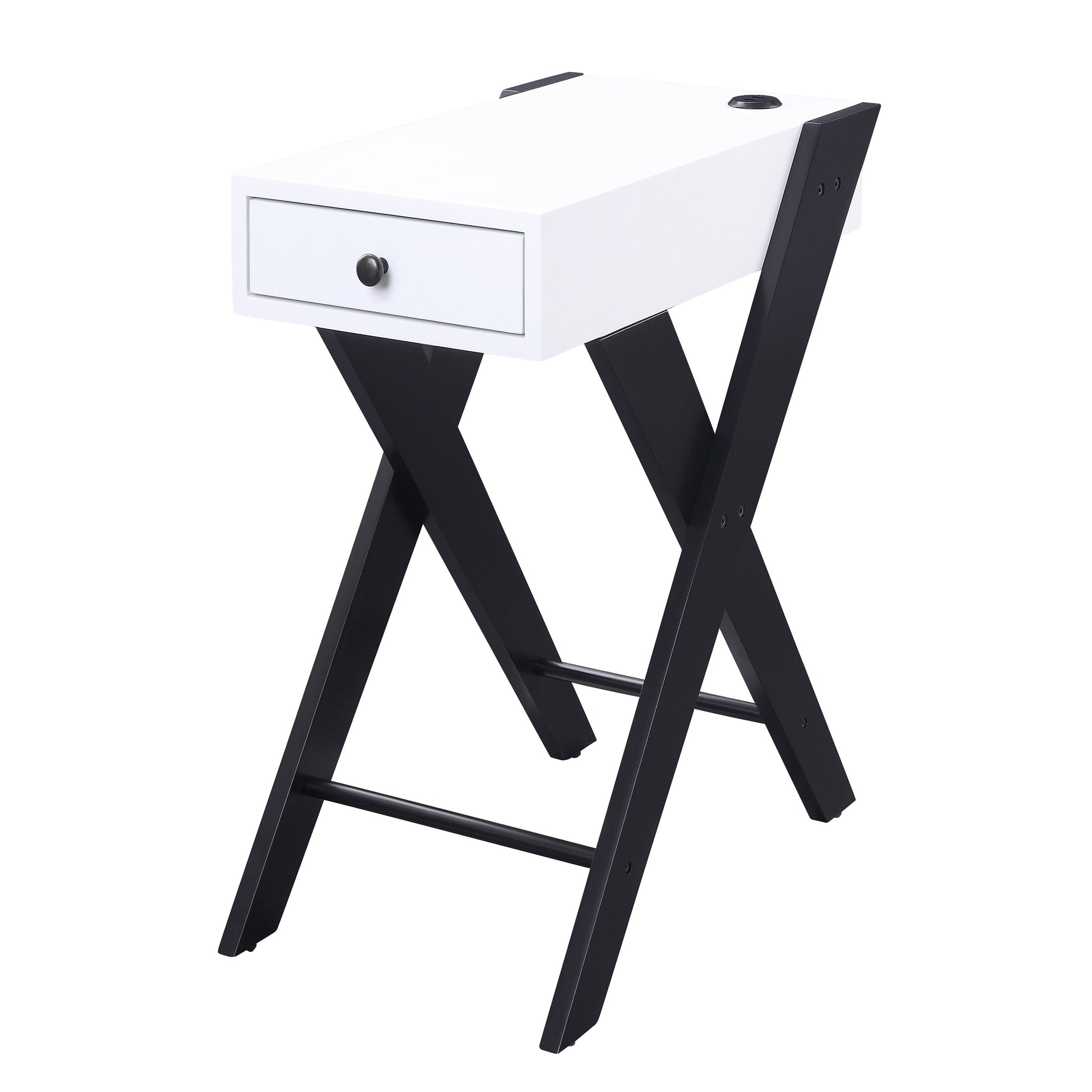 Modern white side table with black Xshaped legs and single drawer for home decor