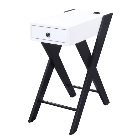 Modern white side table with black Xshaped legs and single drawer for home decor
