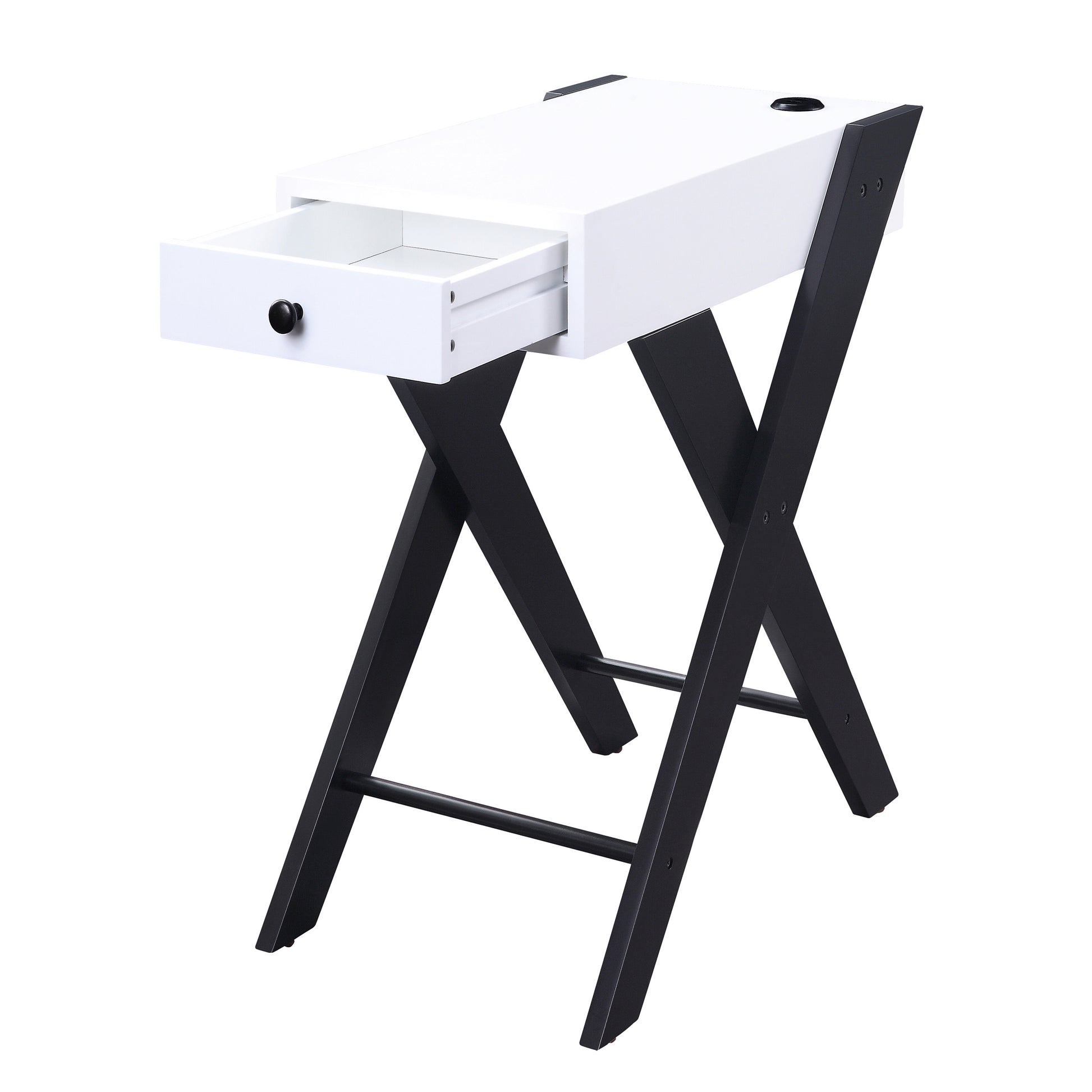 Minimalist white accent table with black Xframe legs and one open drawer
