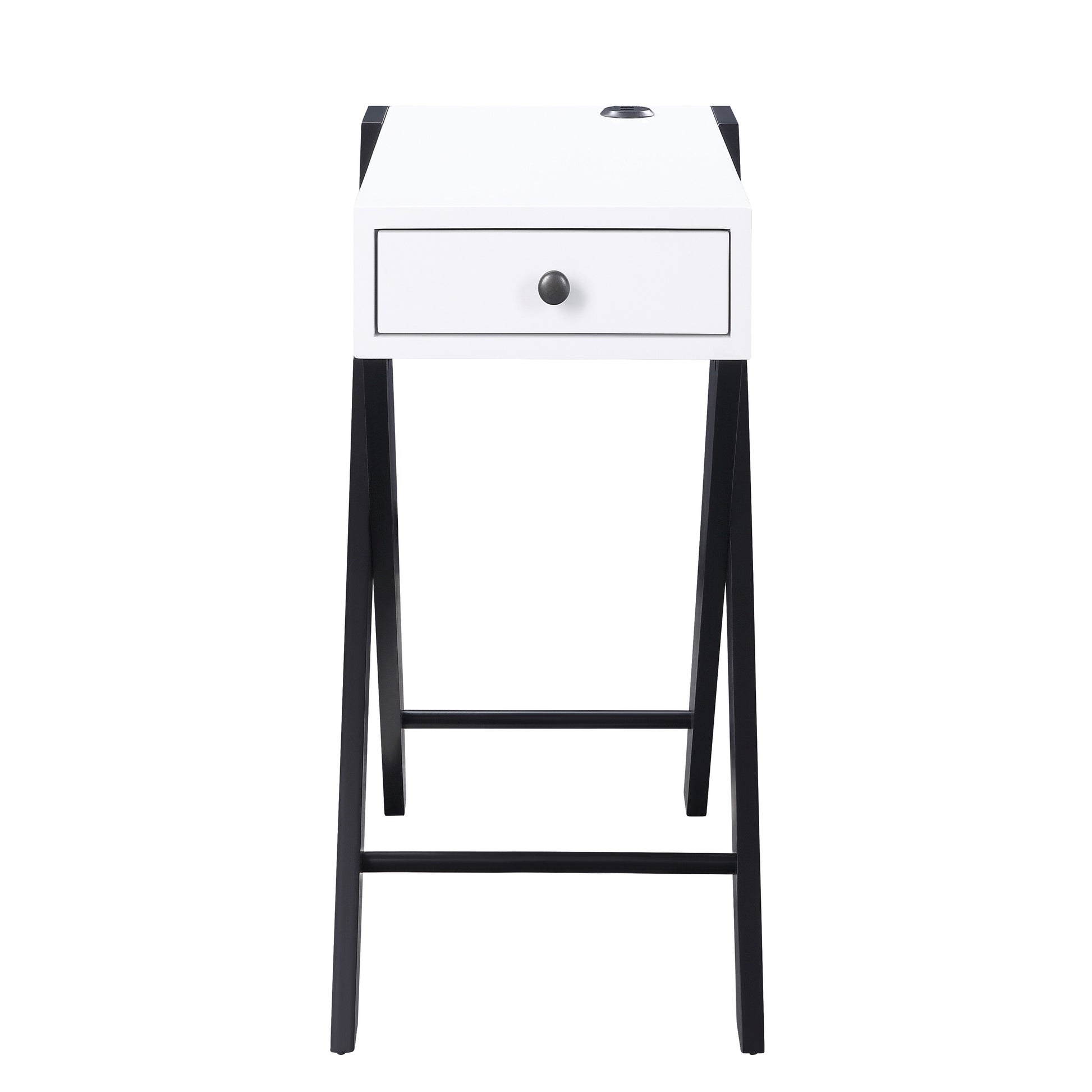 Modern white console table with a single drawer and black metal legs