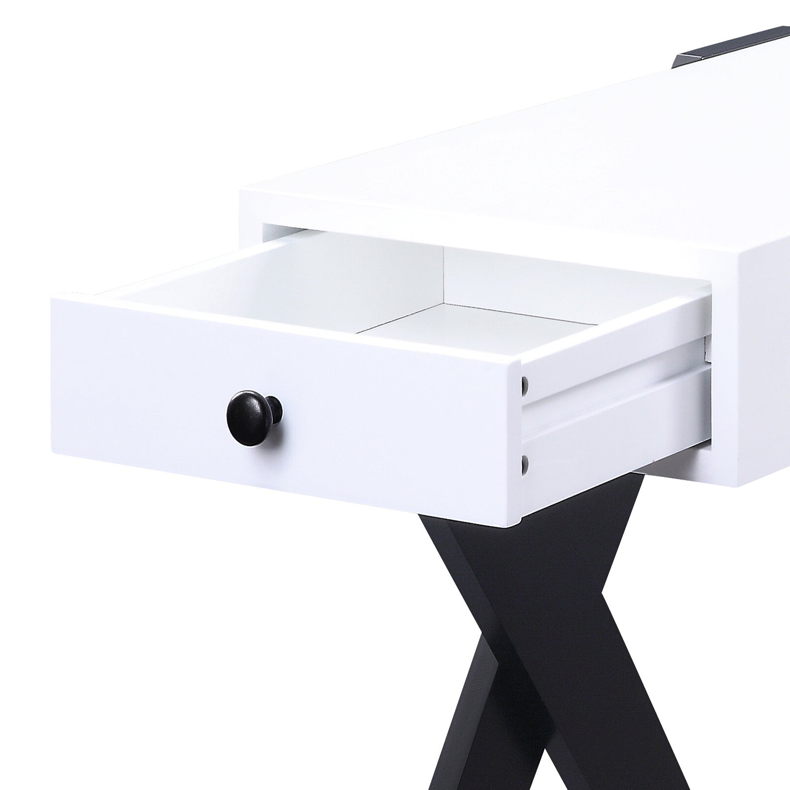 White side table with one open drawer black knob and xshaped legs