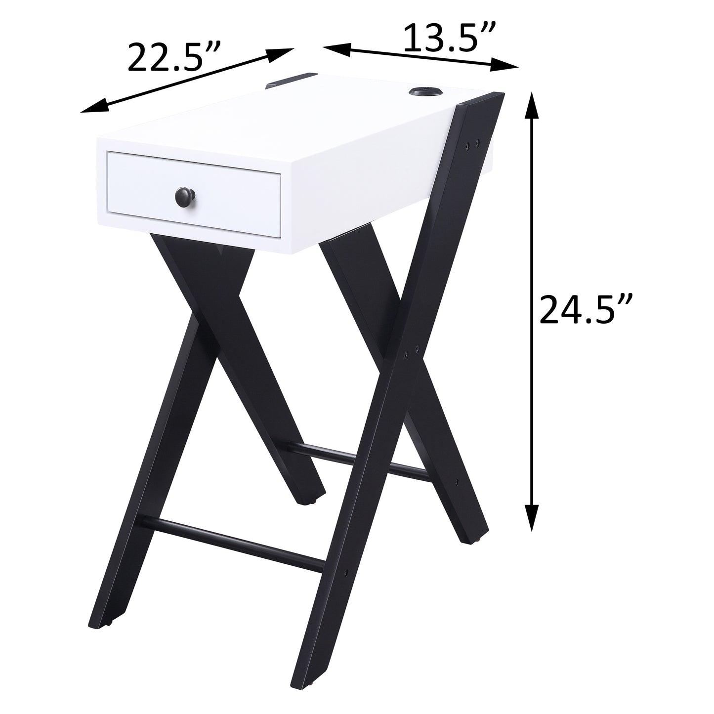 White side table with a single drawer and black crisscross legs