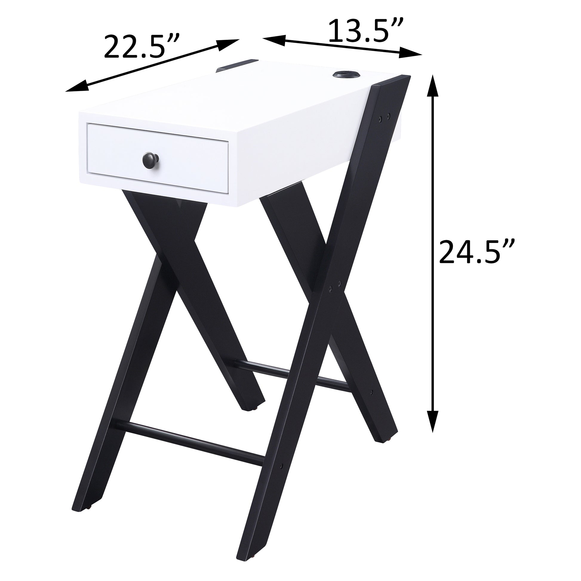 White side table with a single drawer and black crisscross legs