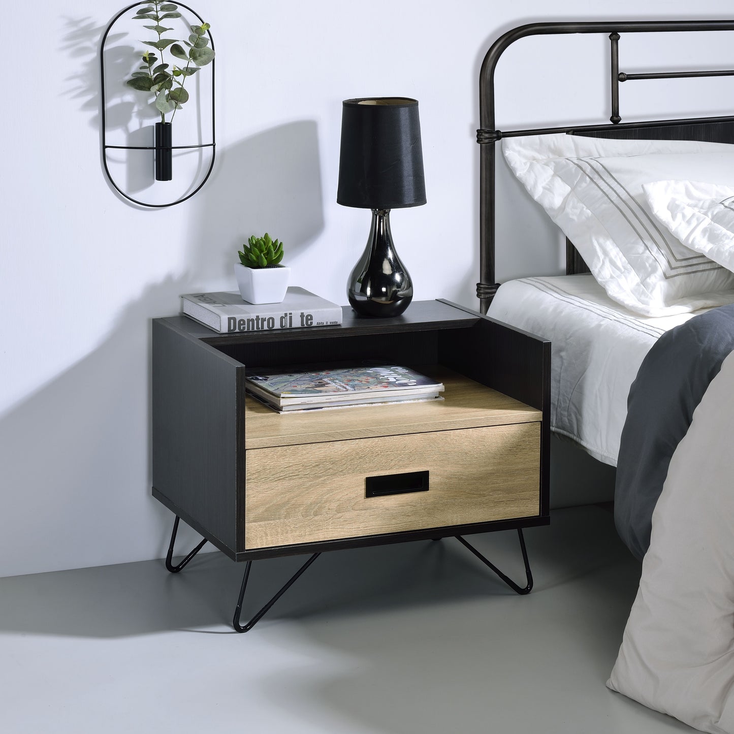 Modern black and oak bedside table with metal hairpin legs perfect for bedroom storage