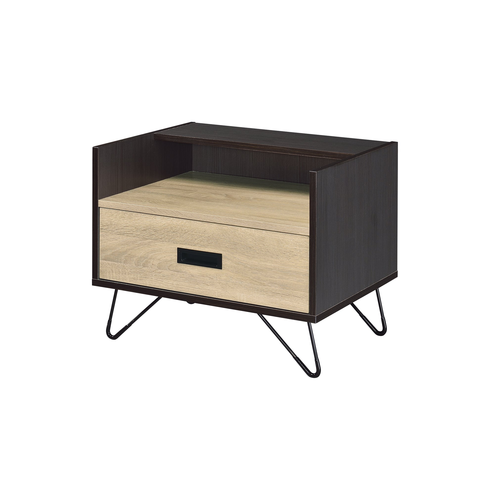 Modern nightstand with one drawer and open shelf dark wood finish light oak drawer metal hairpin legs