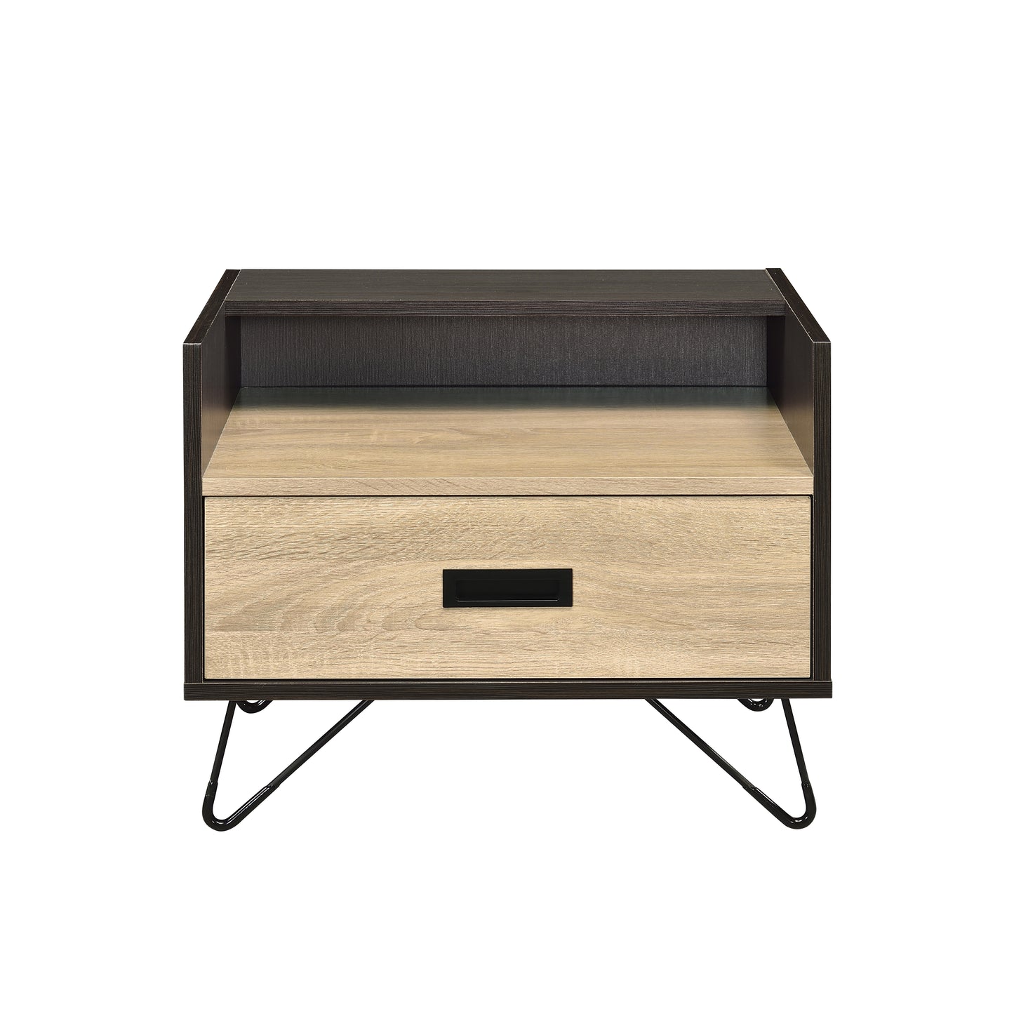 Modern nightstand with natural wood drawer and dark frame featuring black hairpin legs