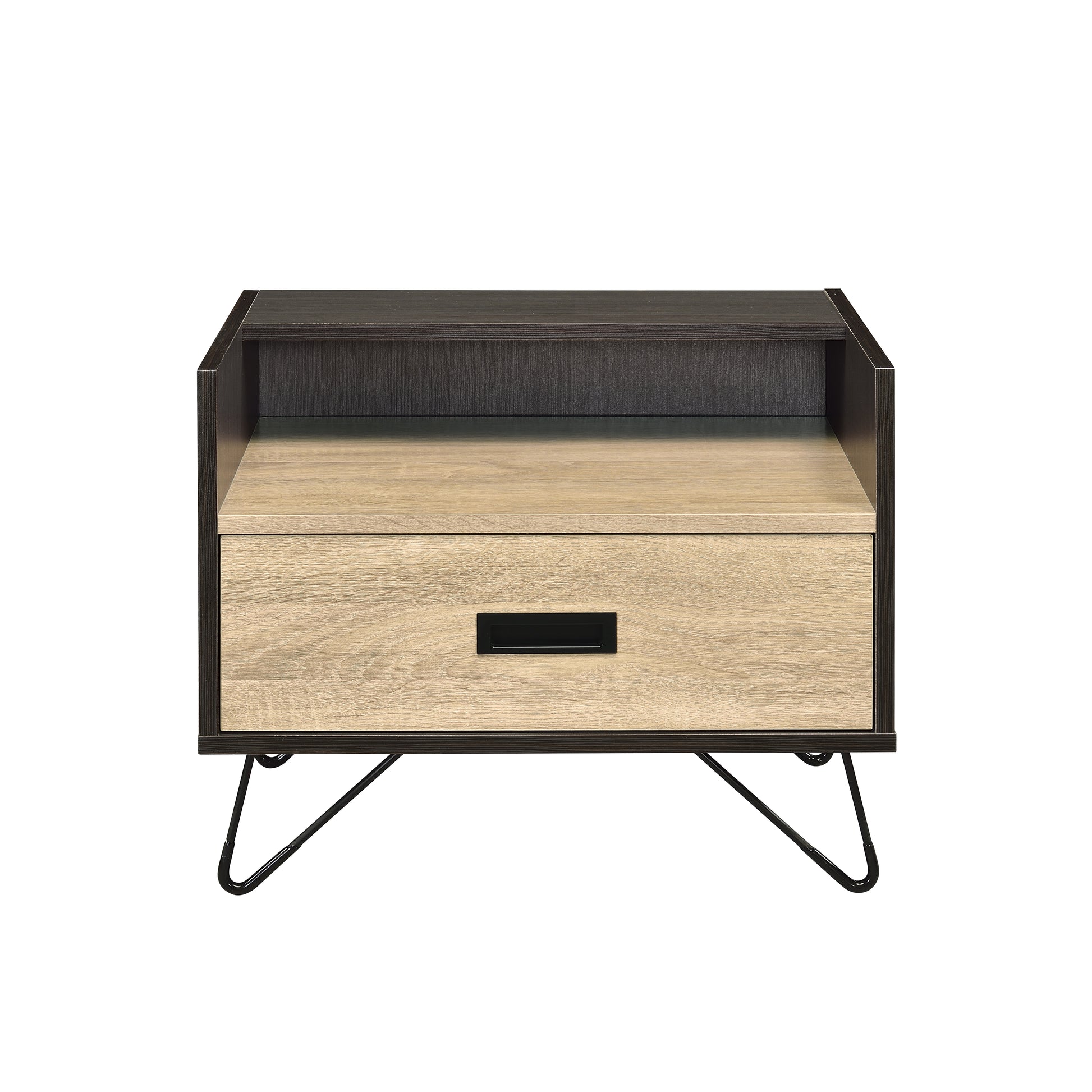 Modern nightstand with natural wood drawer and dark frame featuring black hairpin legs