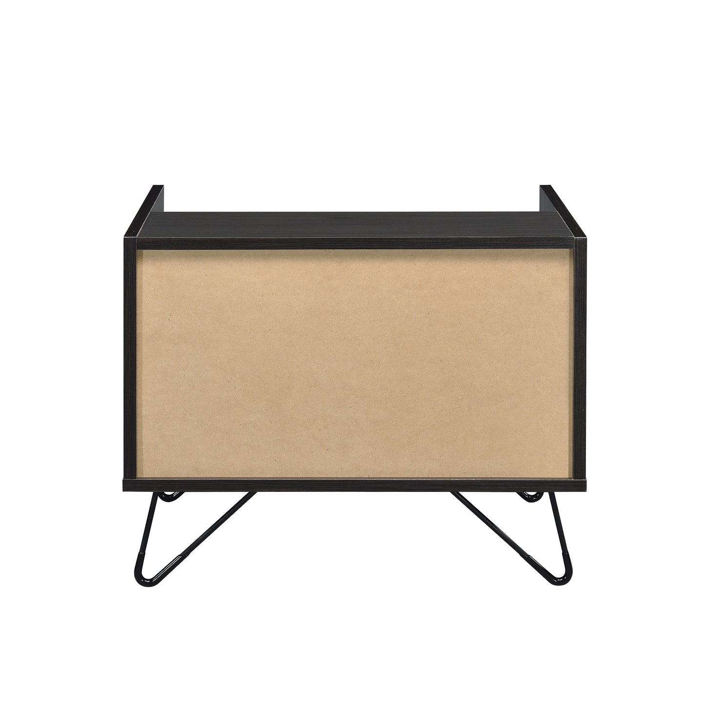 Black modern bedside table with hairpin legs and open shelving