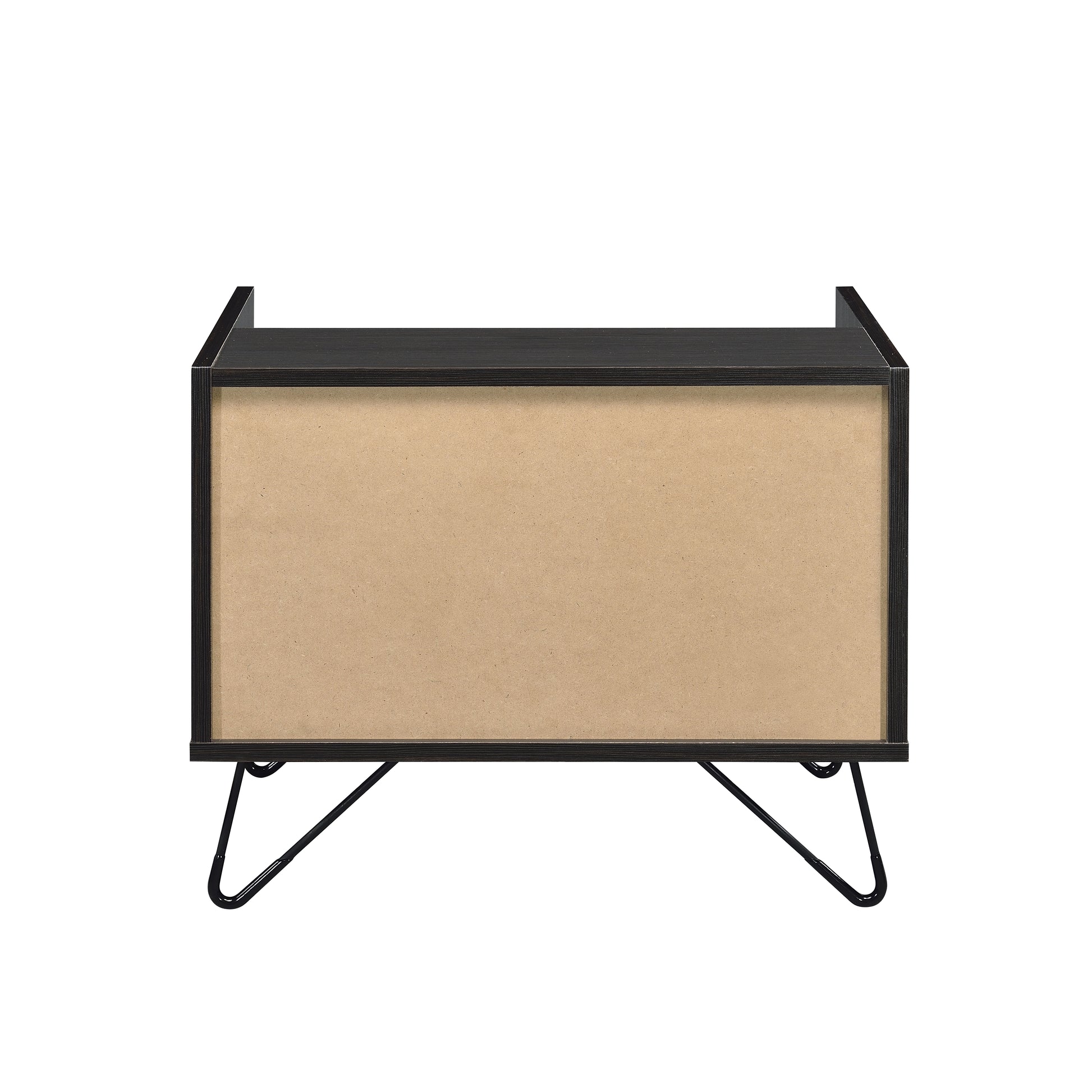 Black modern bedside table with hairpin legs and open shelving