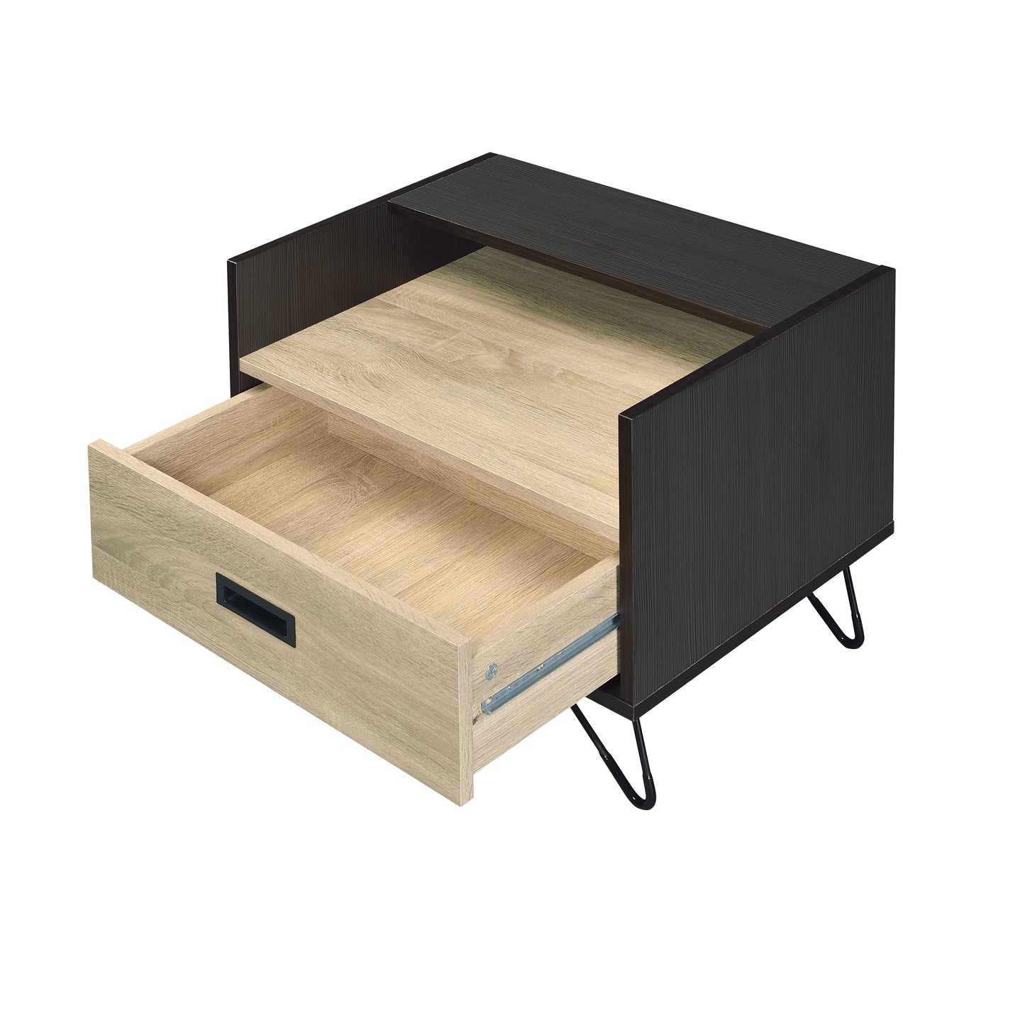 Modern nightstand with black textured exterior and light wood drawer