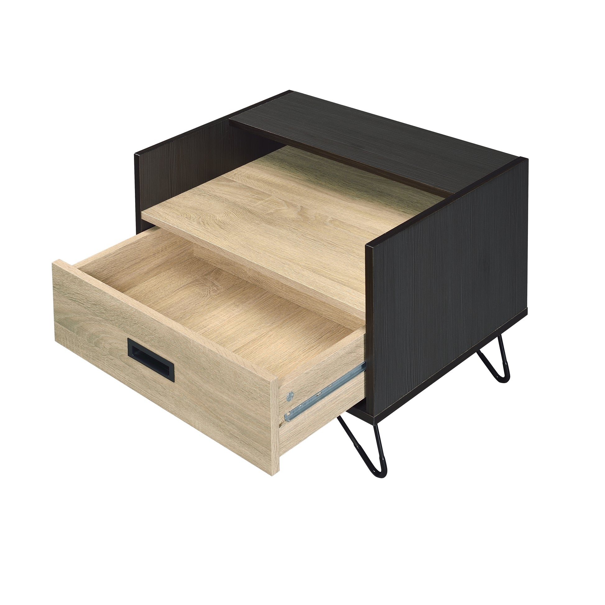 Modern nightstand with black textured exterior and light wood drawer