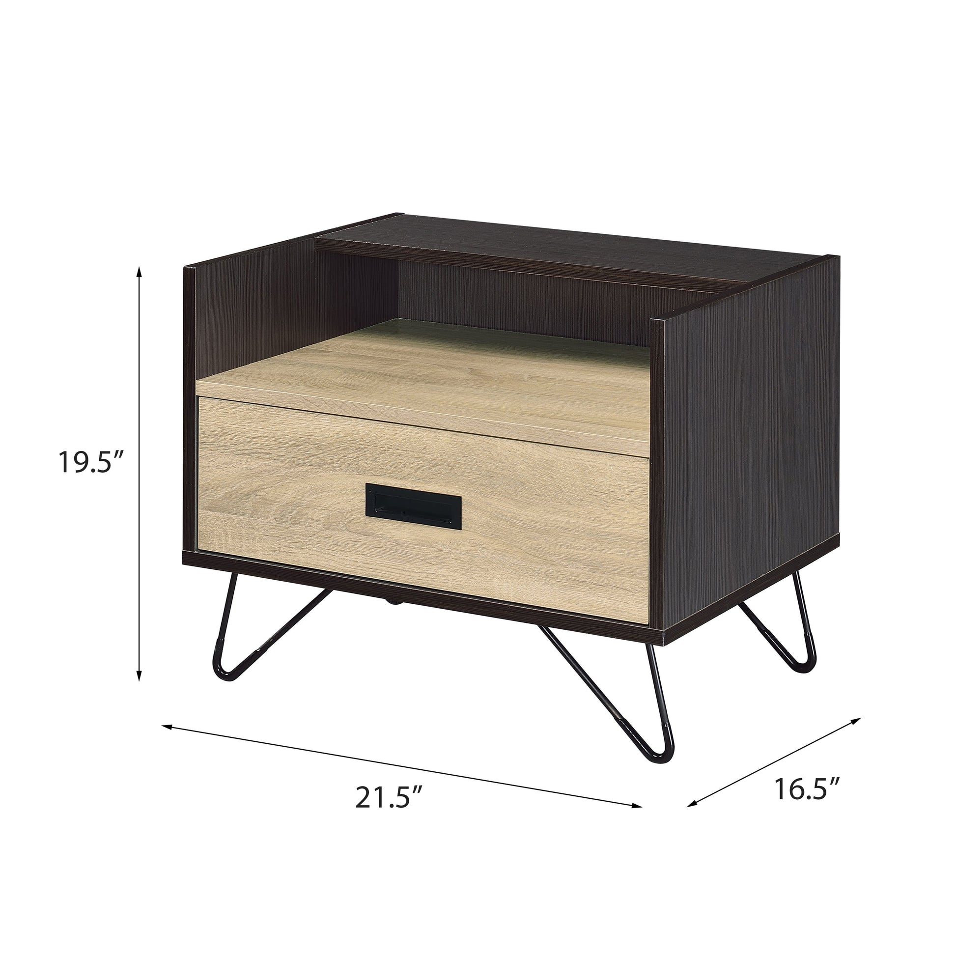 Dark wood grain nightstand with a light wood drawer and hairpin legs measuring W
