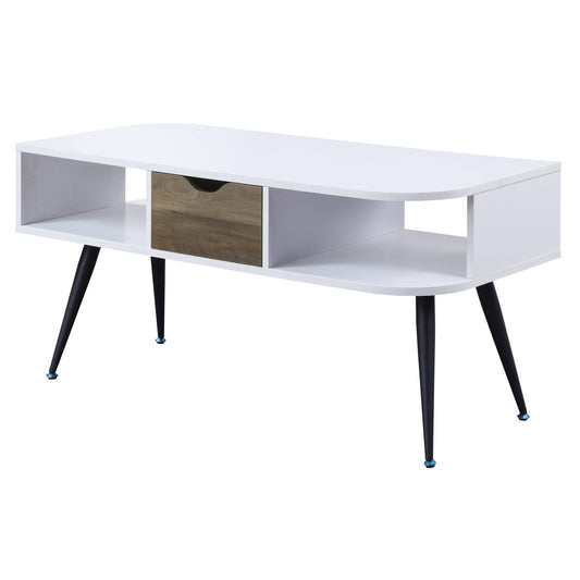 Modern white coffee table with a wood grain drawer and black tapered legs
