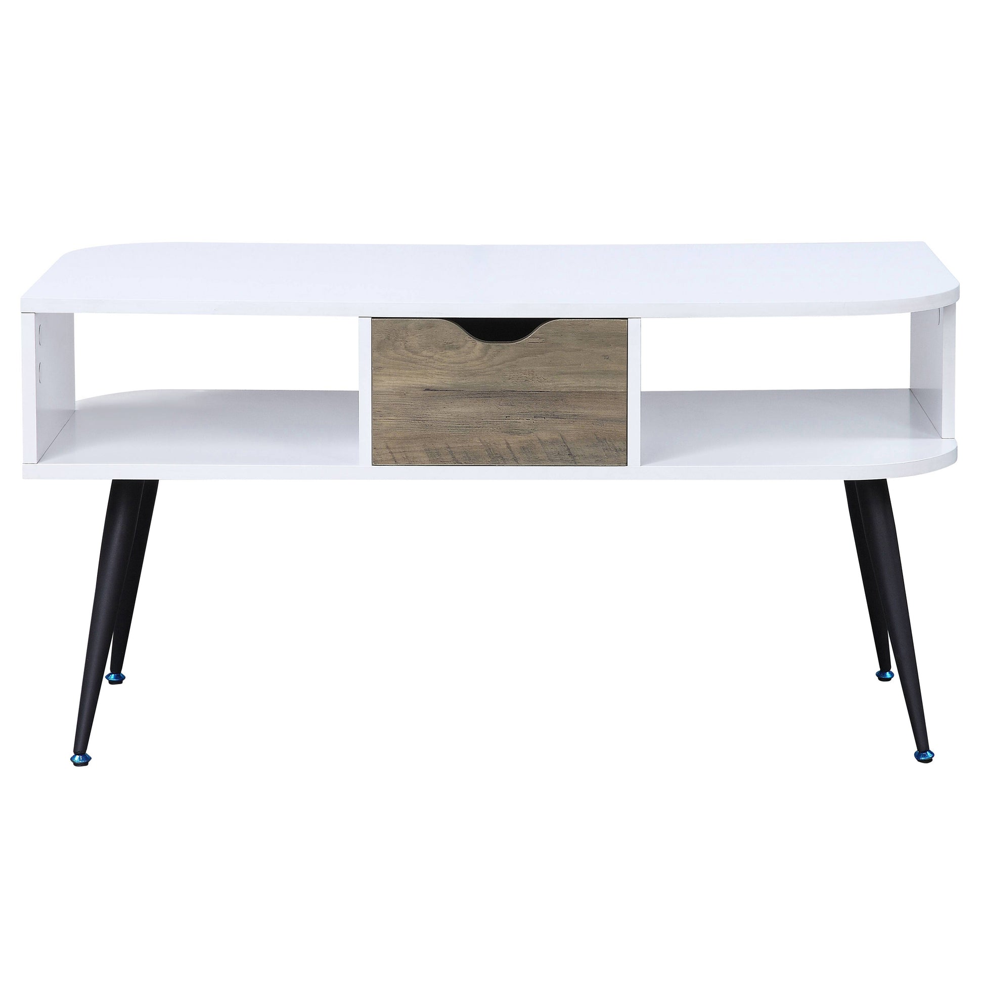 Modern white coffee table with one wood grain drawer and black tapered legs