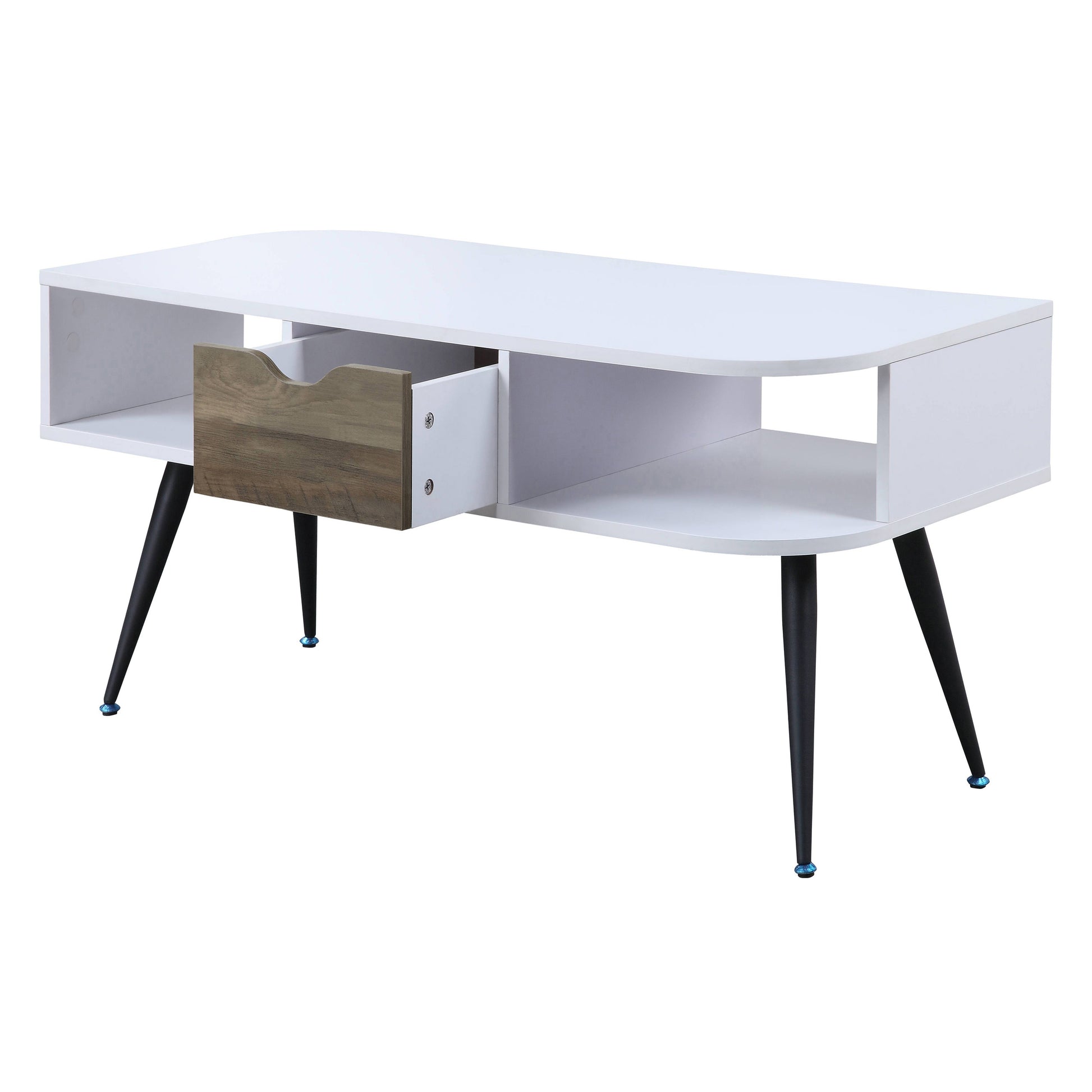 Modern white coffee table with wood drawer and tapered black legs