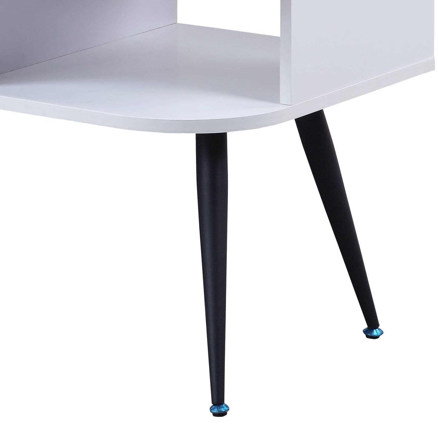 Modern white side table with black tapered legs and blue decorative feet