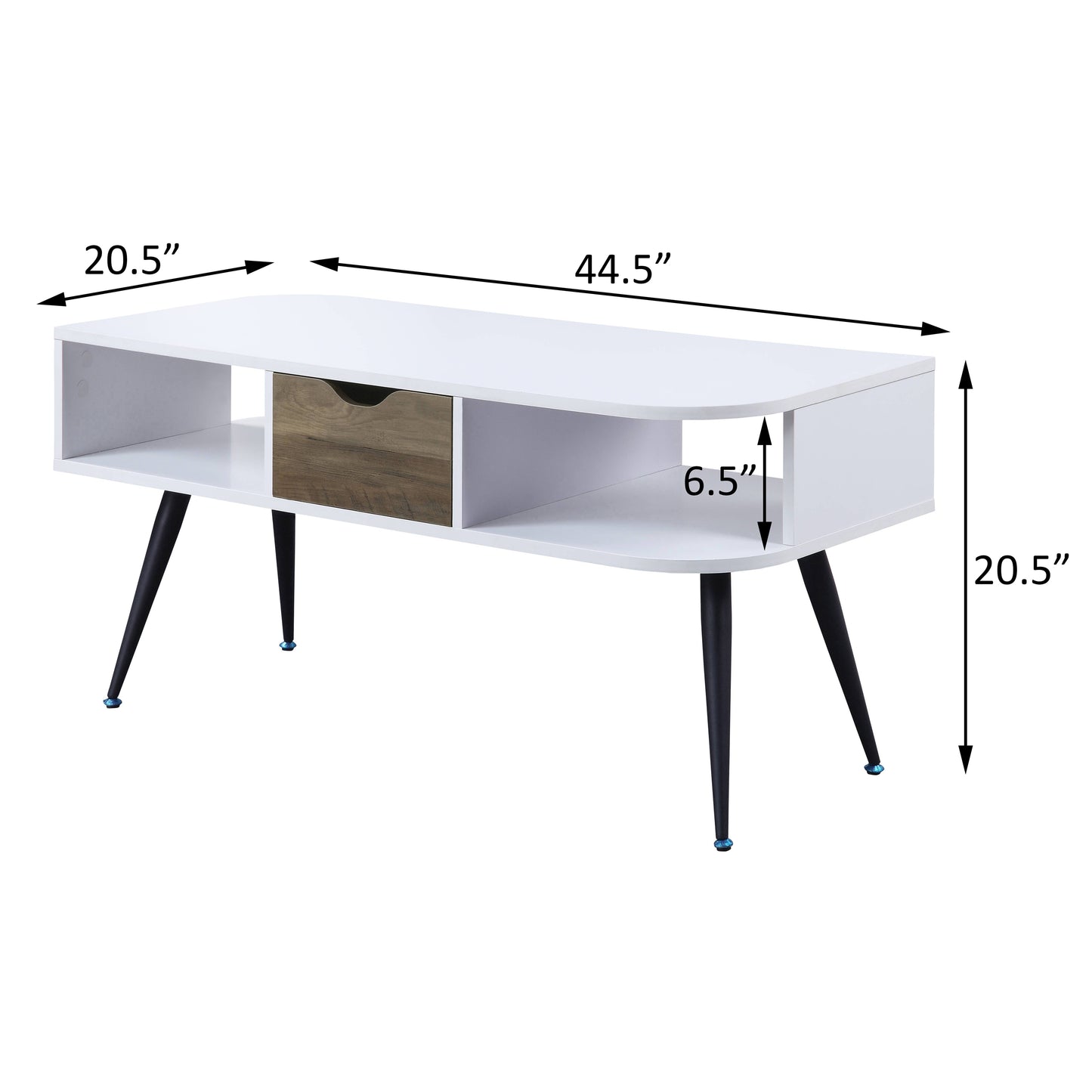 White modern coffee table with wooden drawer and tapered legs