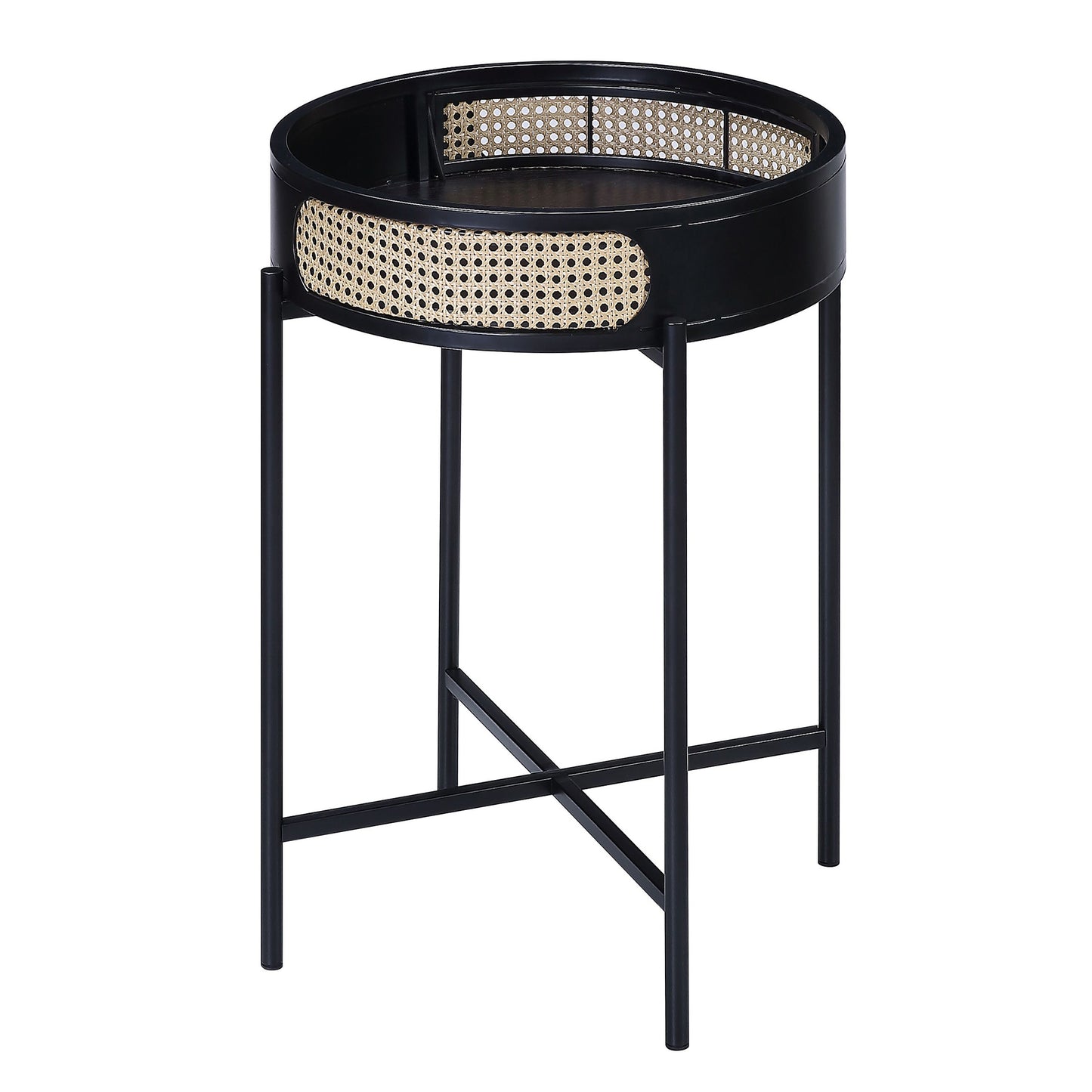 Black round side table with woven cane detailing and black metal legs