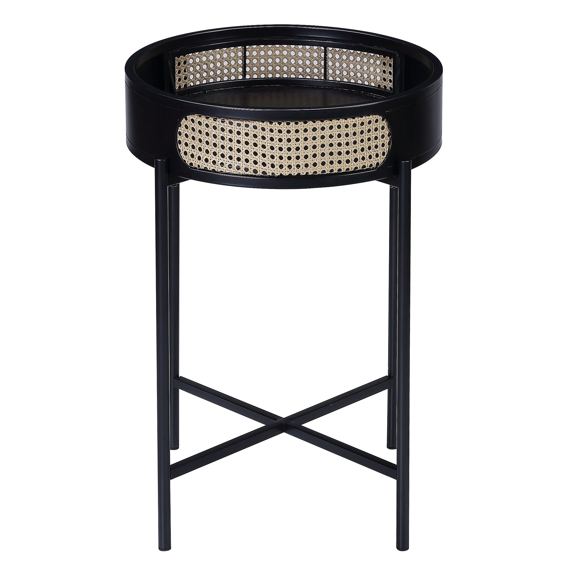 Black round accent table with woven cane details and Xshaped base